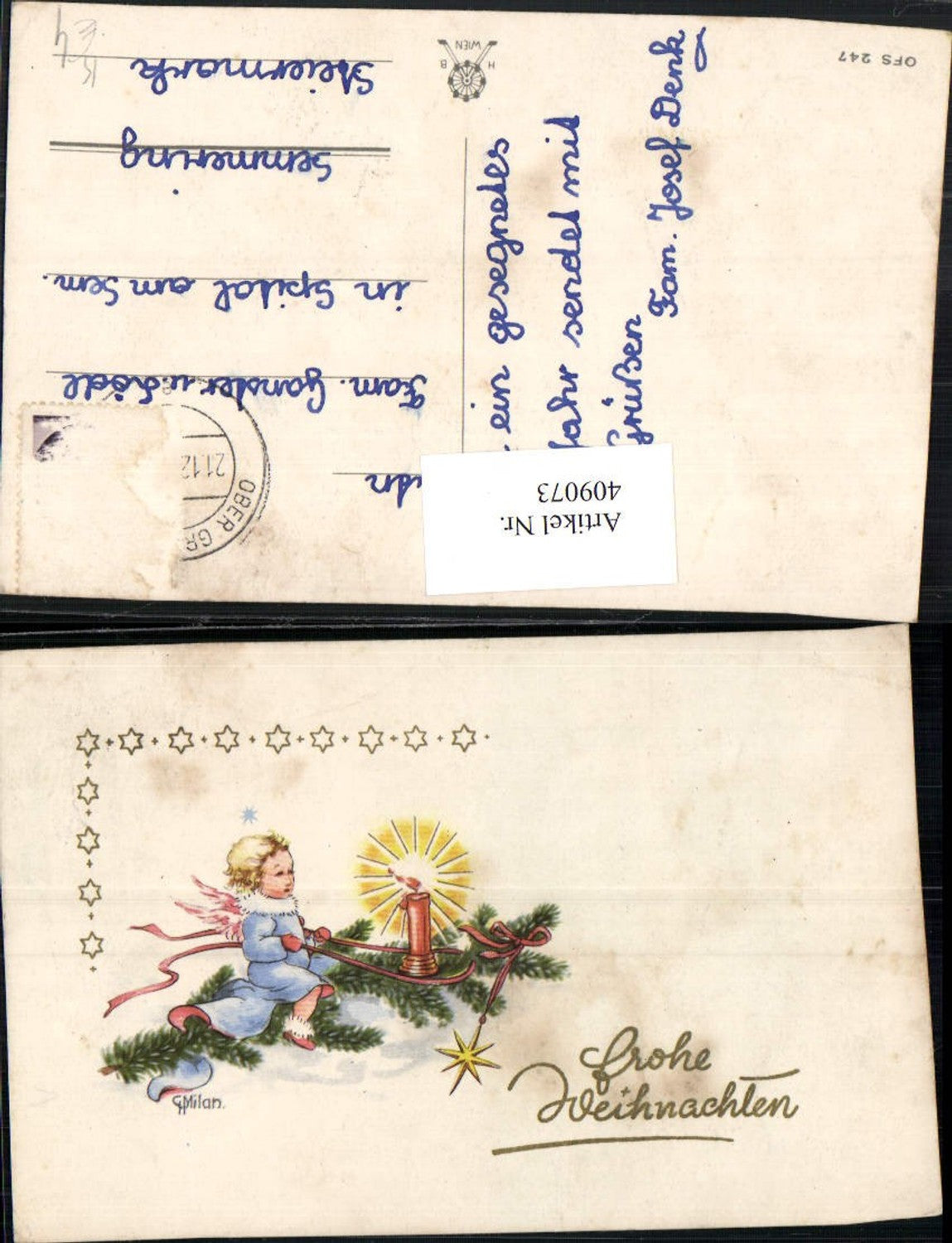 409073,Künstler AK G. Milan Weihnachten Engel Tannenzweig Kerze Stern