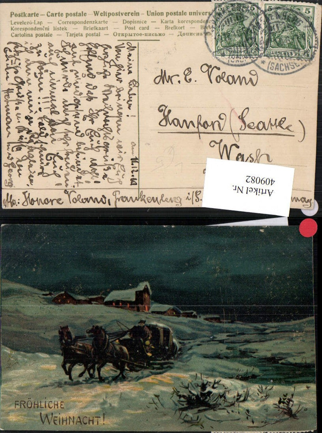 409082, Artist Lithograph Christmas Winter Landscape Horse-drawn Sleigh