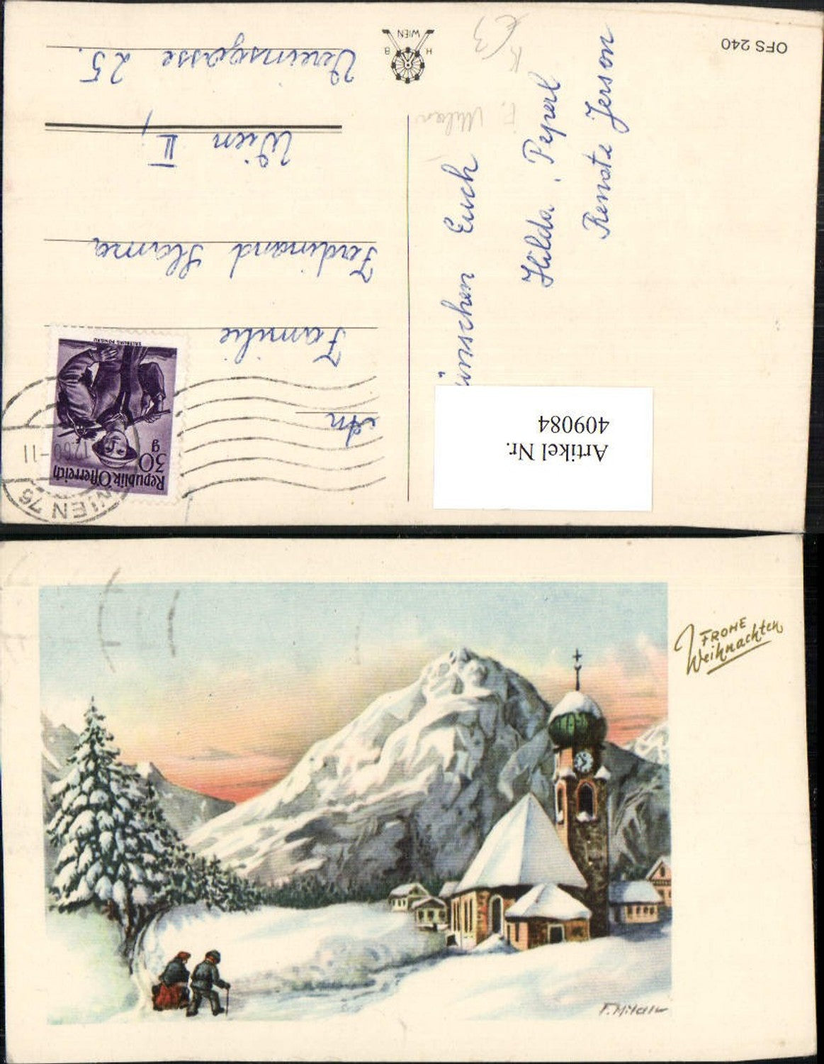 409084,Künstler AK F. Milan Weihnachten Winterlandschaft Kirche Bergkulisse