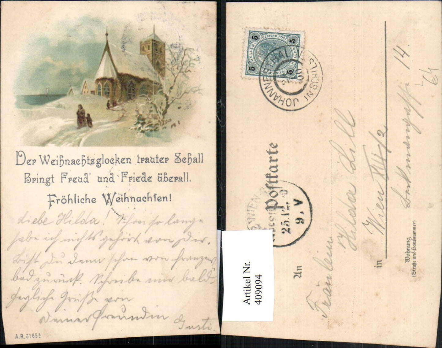 409094, Artist Lithograph Christmas Winter Landscape Church Saying