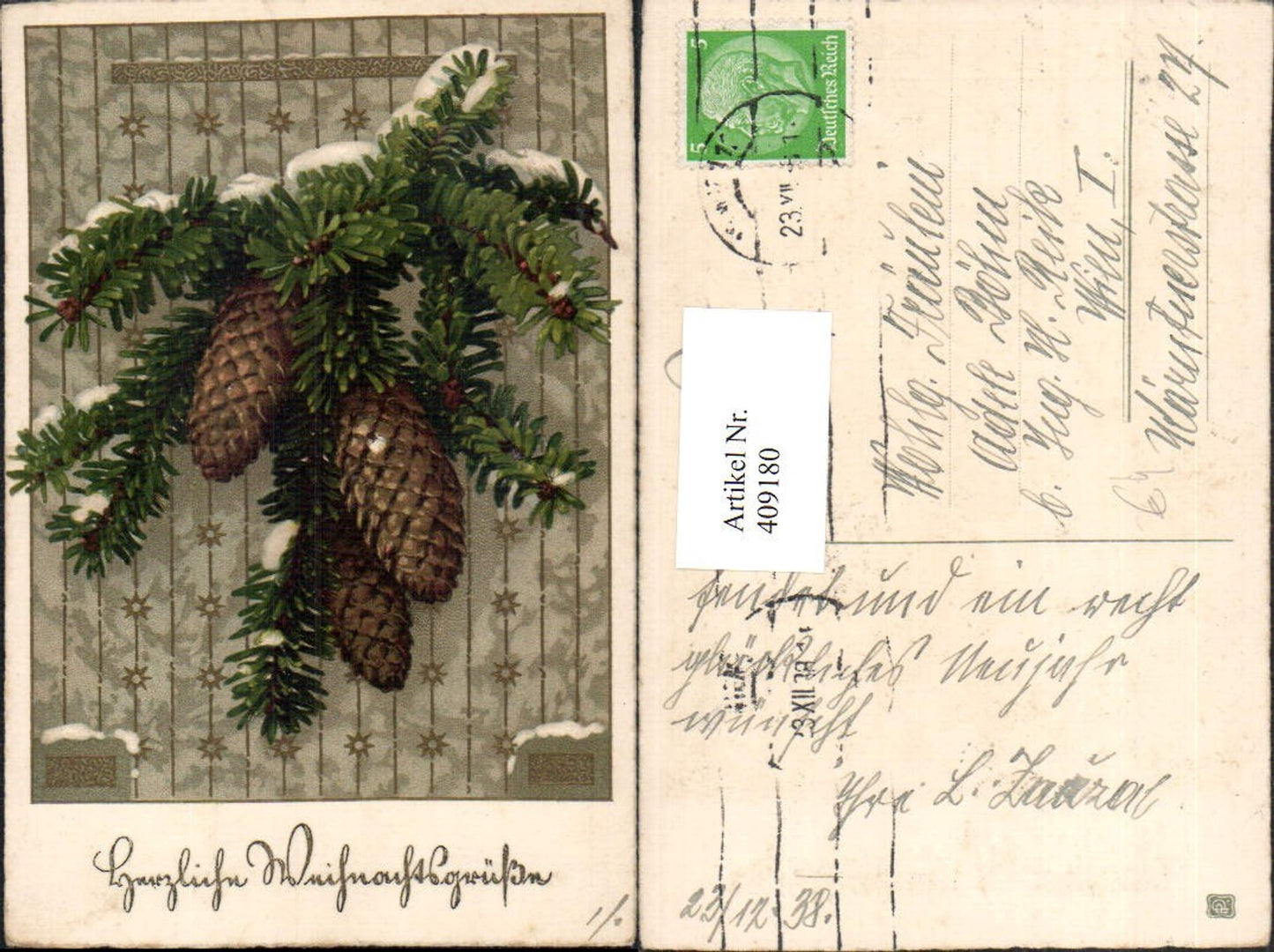 409180,Künstler AK Weihnachten Tannenzweig Zapfen