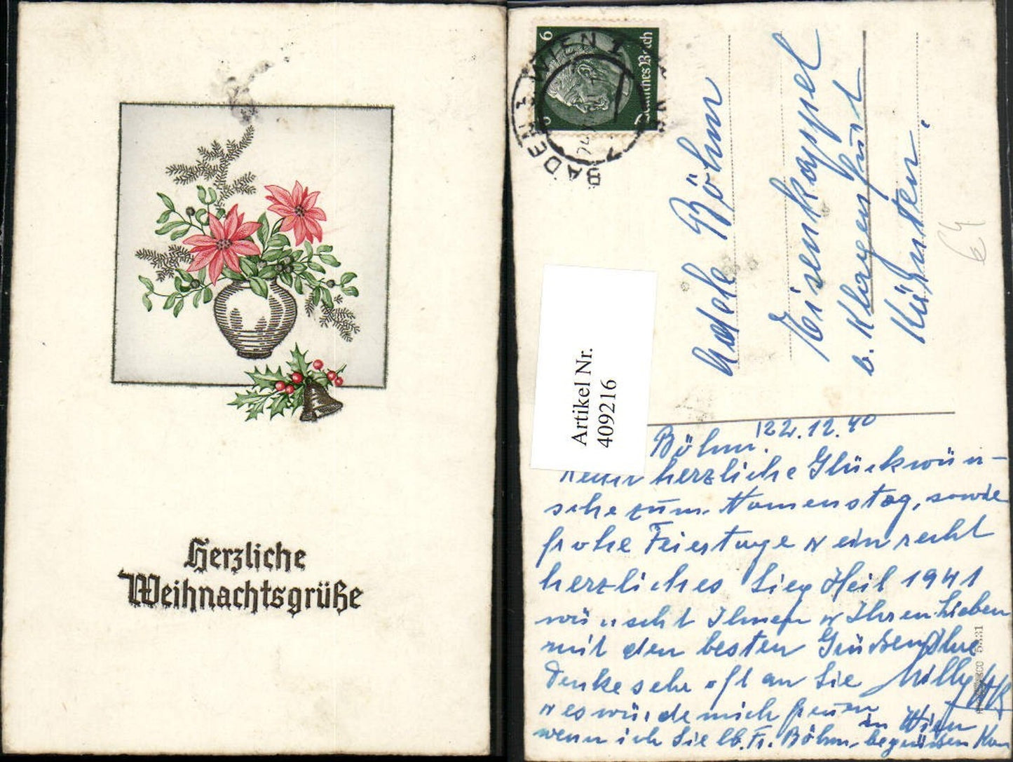 409216,Künstler AK Weihnachten Blumen Vase Glocke