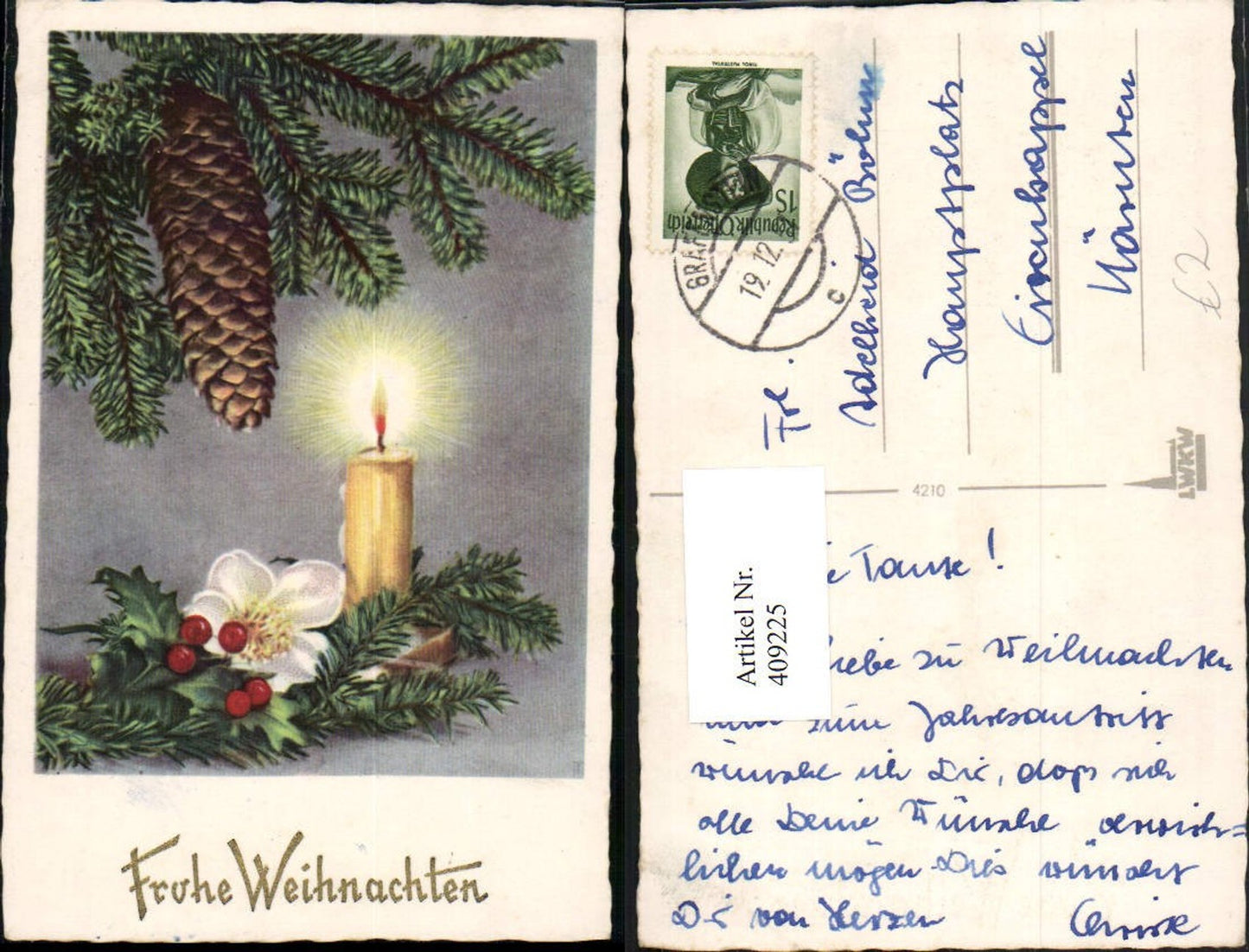 409225, Artist AK Christmas Fir branches Cones Candle