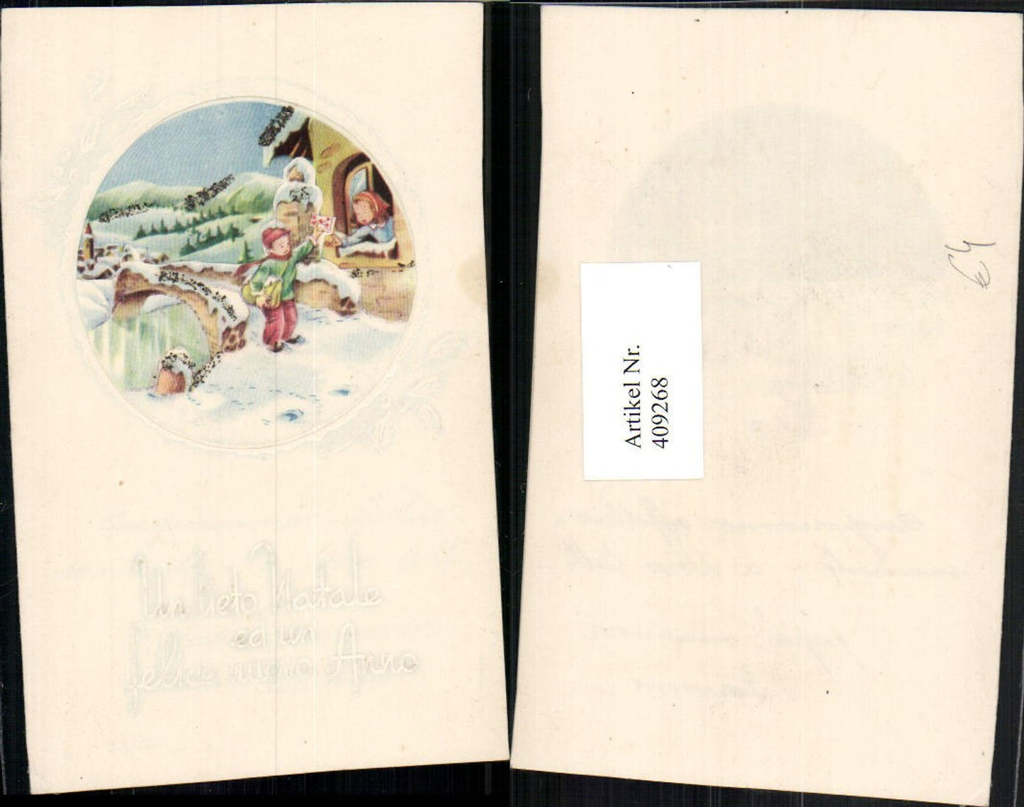 409268,Künstler AK klappbares Billett Weihnachten Winterdorf Brücke Postbote