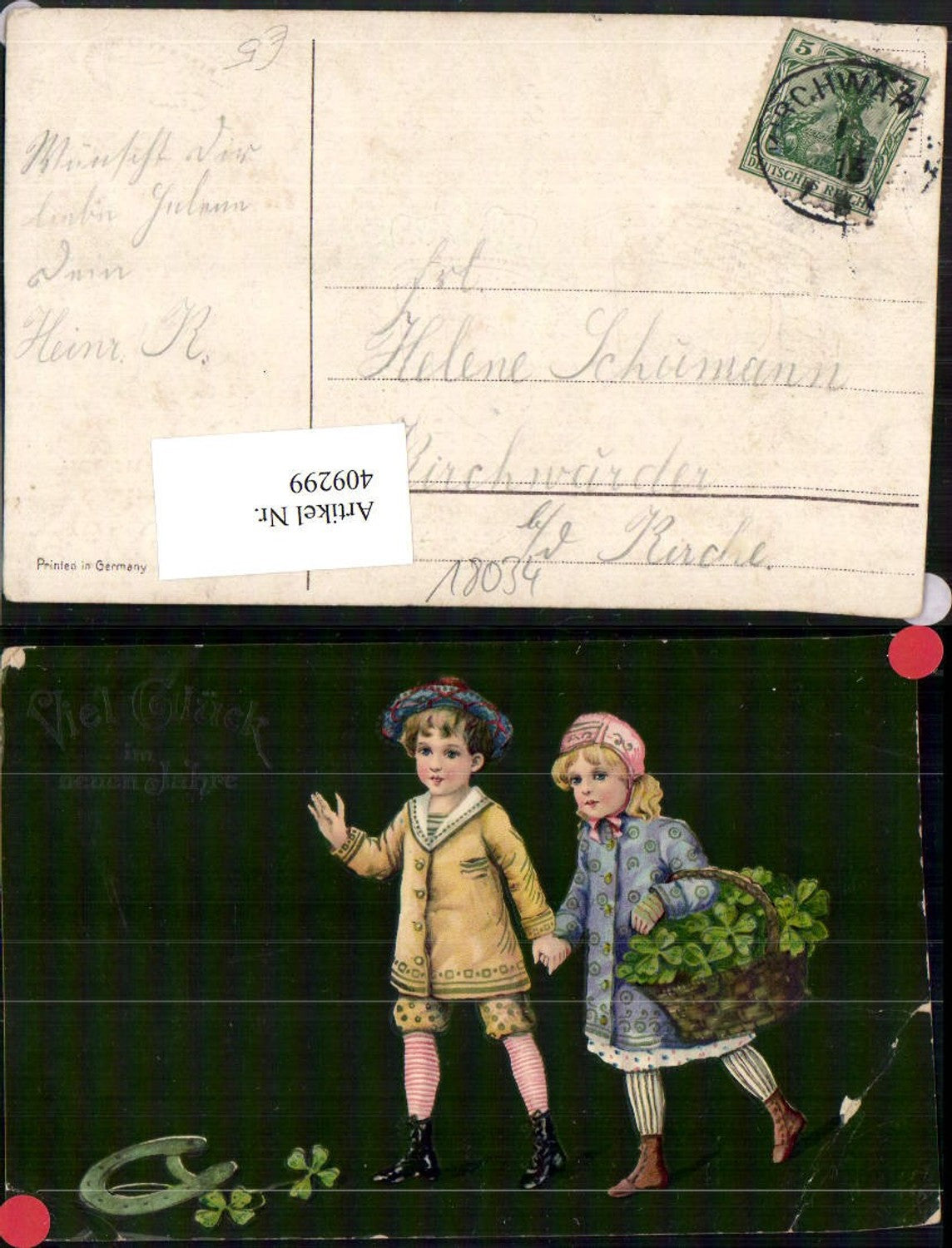 409299,Künstler AK Neujahr Kinder Korb Kleeblätter Klee Hufeisen