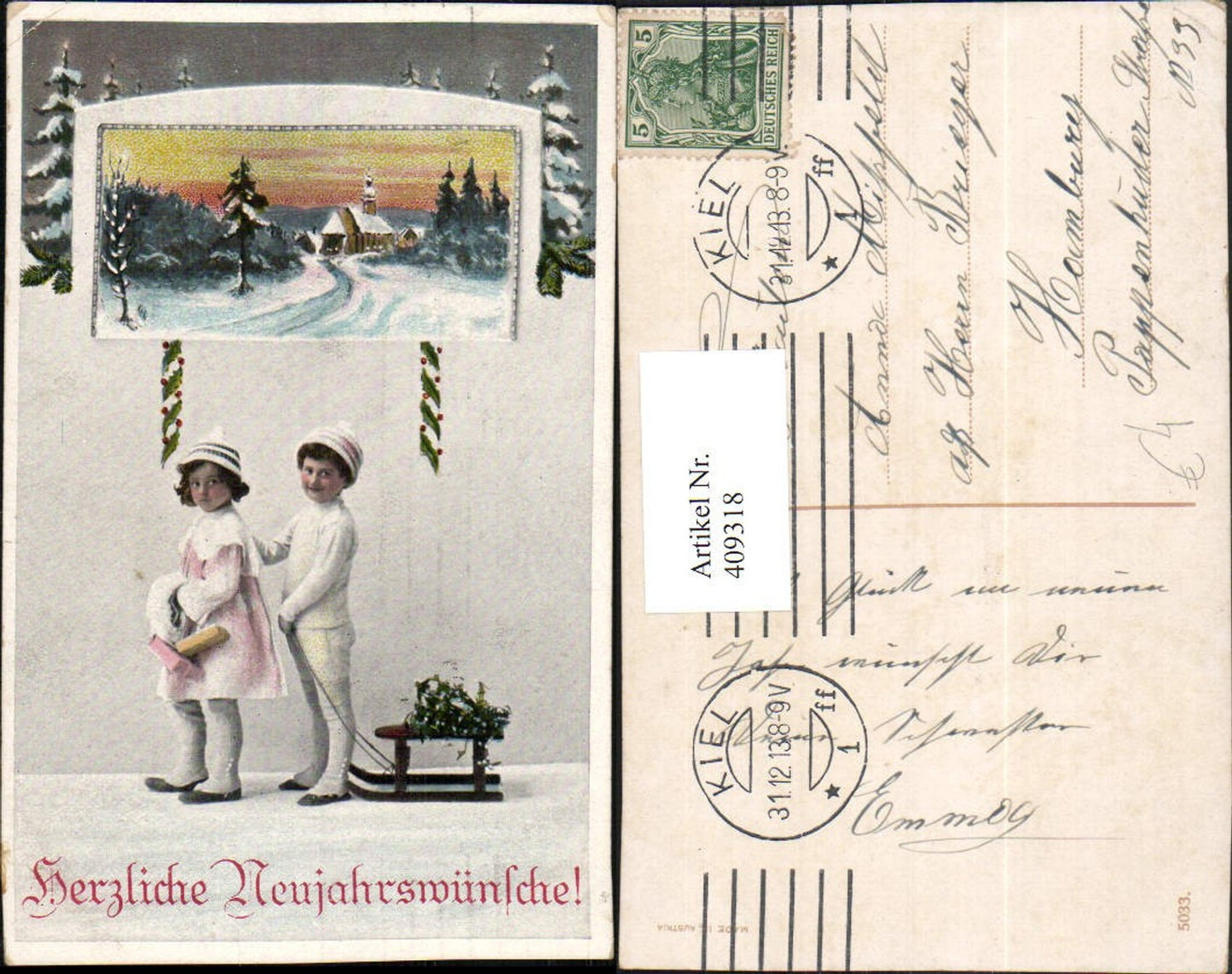 409318,Künstler AK Neujahr Winterlandschaft Passepartout Fotomontage Rodel