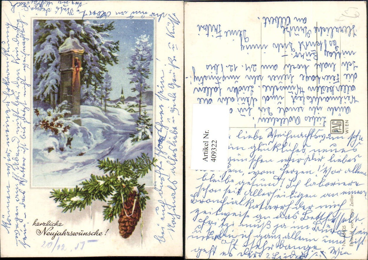 409322,Künstler AK Otto Zeiller Neujahr Winterlandschaft Bildstock Tannenzweig Zapfen