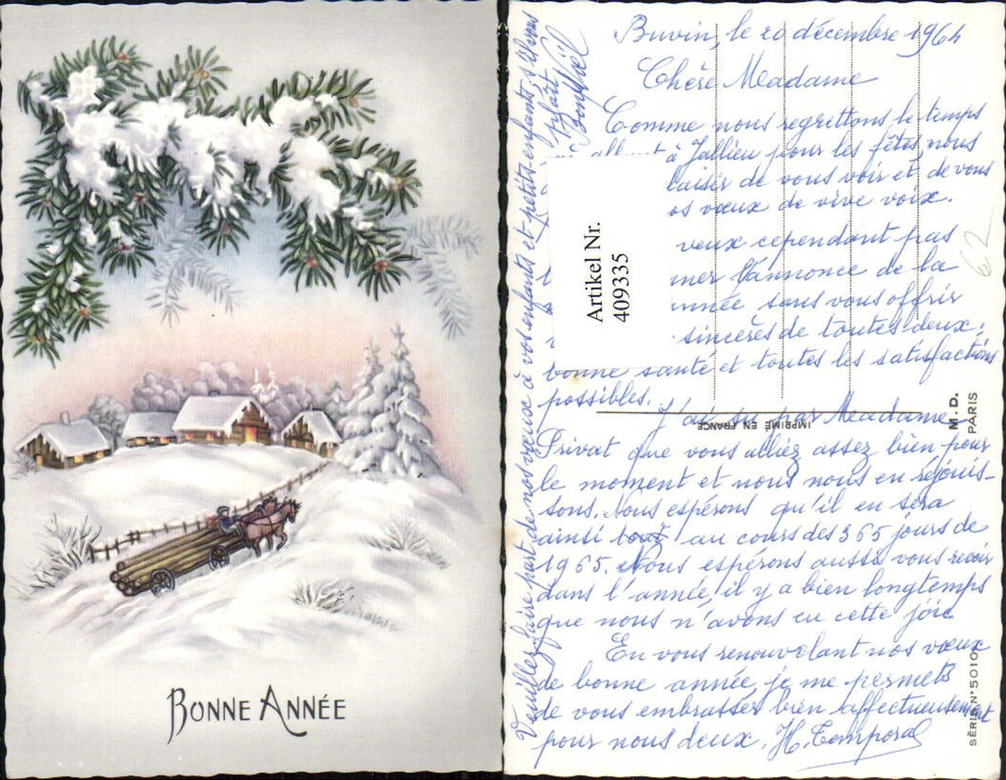 409335,Künstler AK Neujahr Winterlandschaft Pferdewagen Tannenzweig