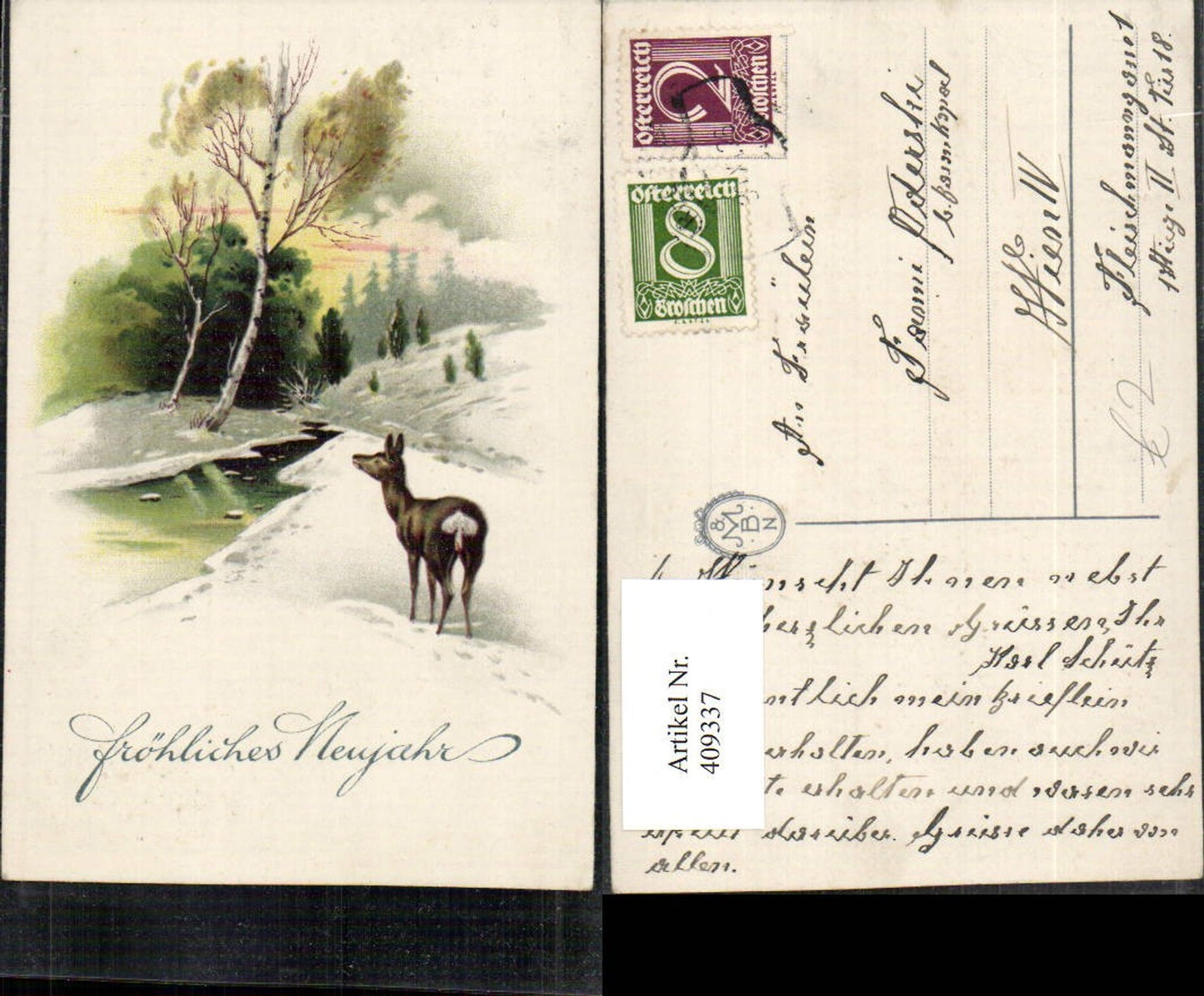 409337,Künstler AK Neujahr Winterlandschaft Bach Reh