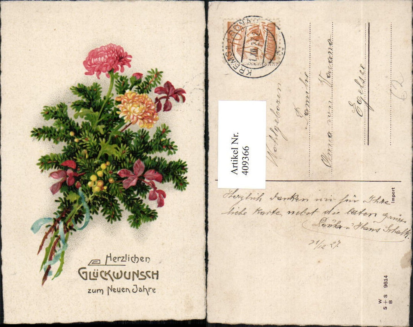 409366,Künstler AK Neujahr Blumenstrauß Zweige Blumen