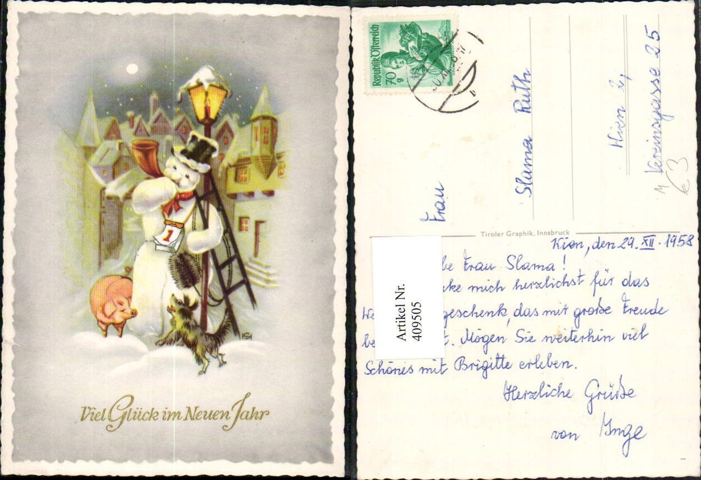 409505, Artist AK New Year Snowman Horn Calendar Dog Piglet Moonlight