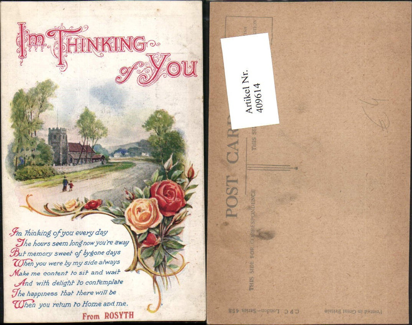 409614,Künstler AK Im thinking of You Landschaft Rosen Spruch Text