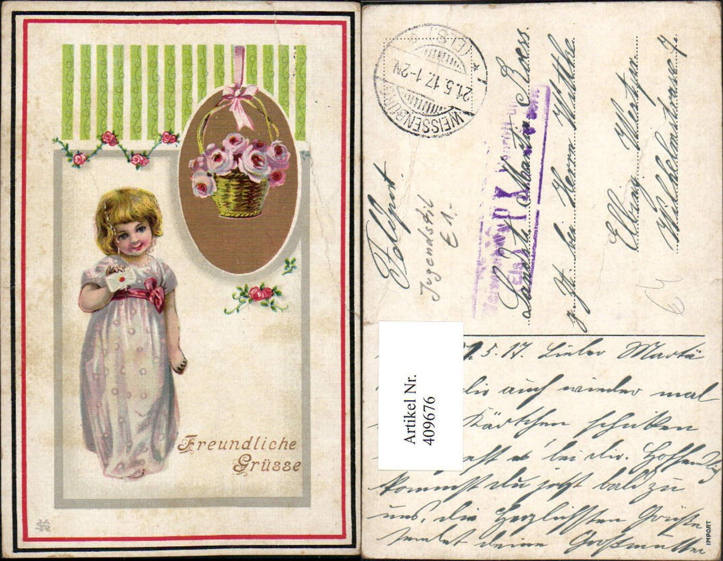 409676,Künstler AK Freundliche Grüße Mädchen m. Brief Korb Rosen Schleife