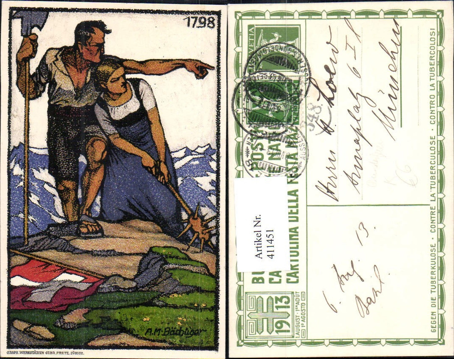 411451,Künstler Ak A. M. Bächtiger Bundesfeier geg. Tuberkulose 19 Jhdt.