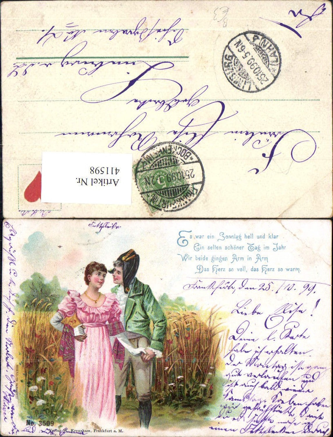 411598,Künstler Ak Soldat Frau Händchenhalten Getreidefeld Liebe Spruch