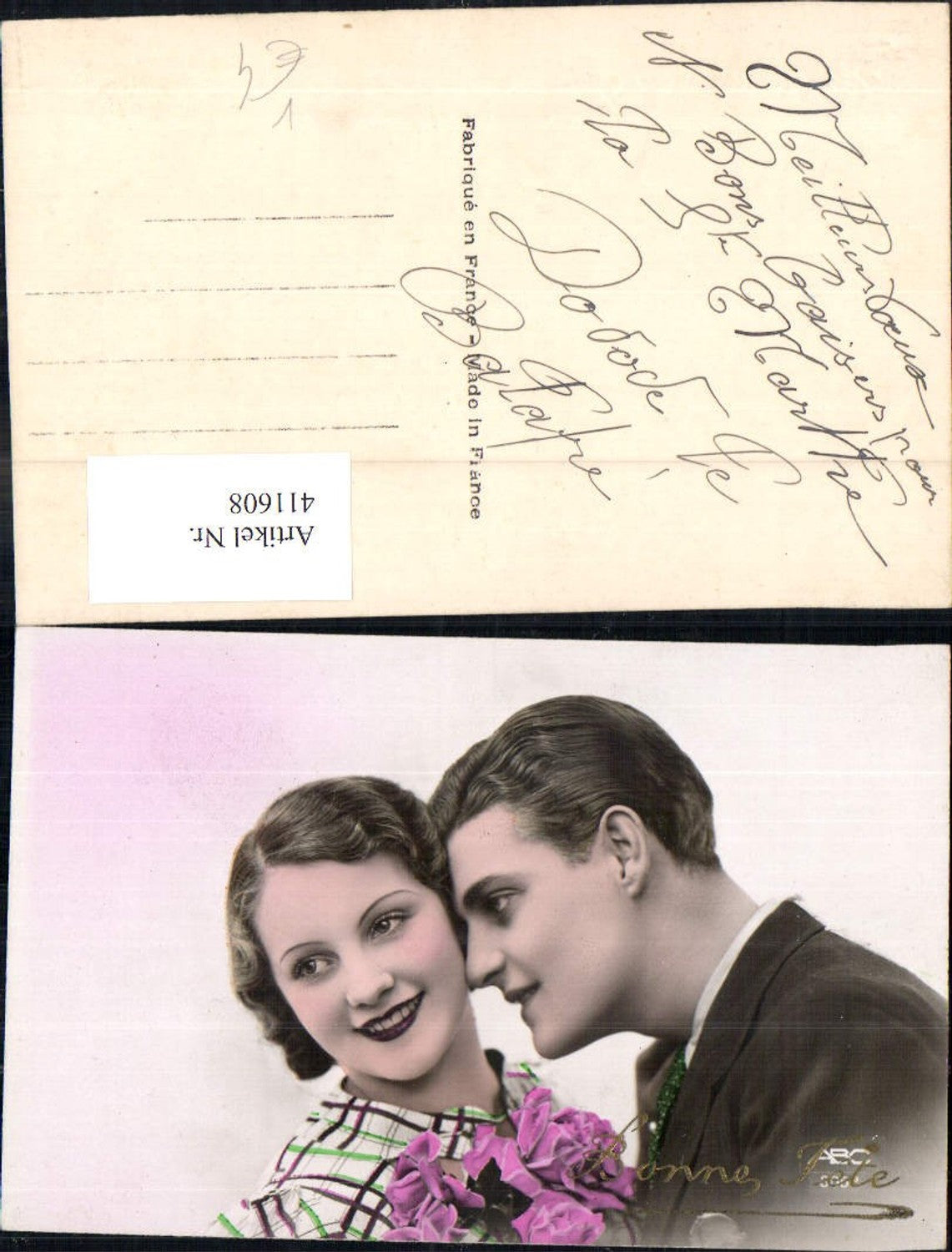 411608,Paar Verliebter Blick Blumen Rosen Liebe Goldschrift Bonne Fete pub ABC 3052