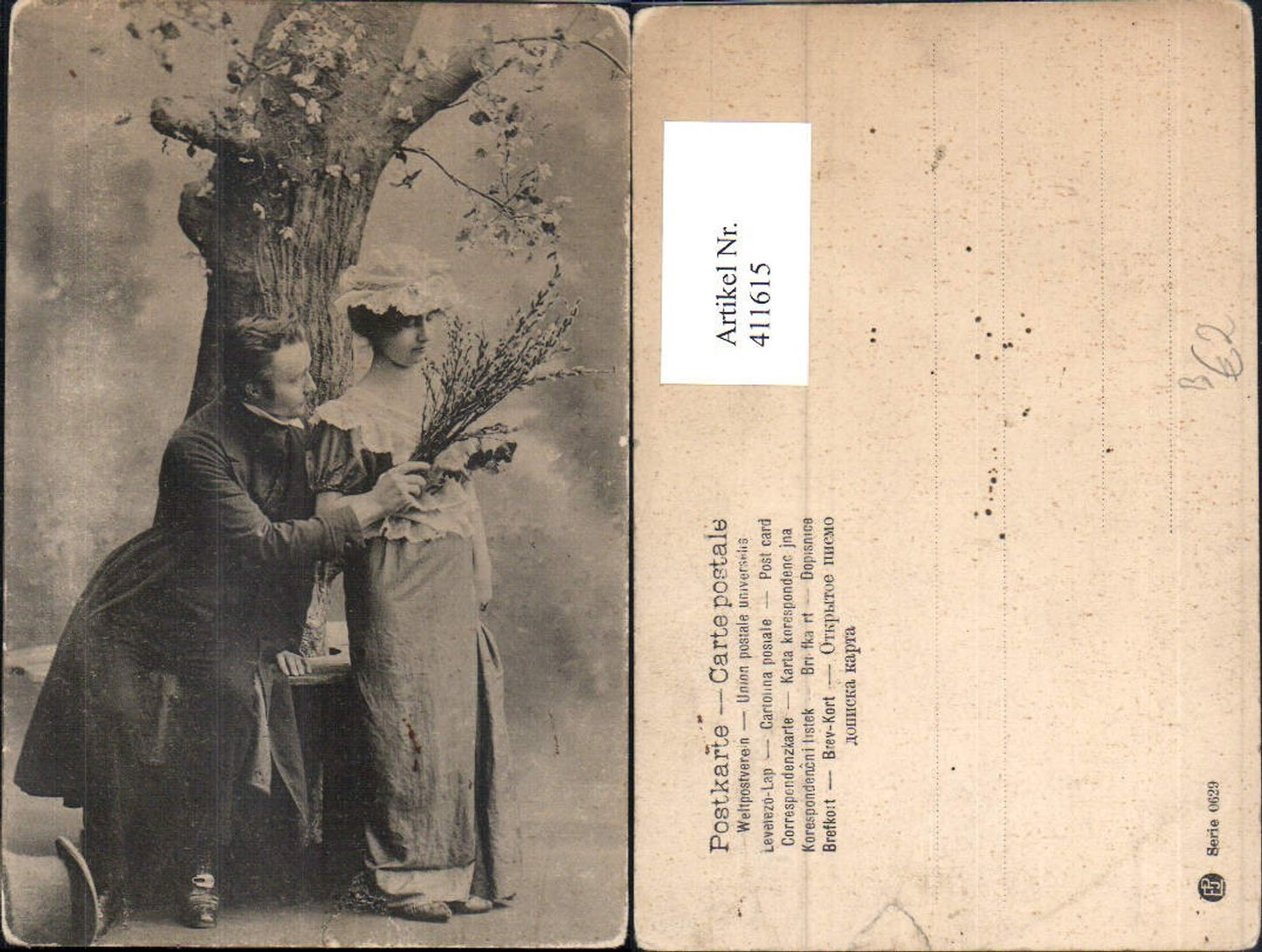 411615, Couple man gives pussy willow bouquet love