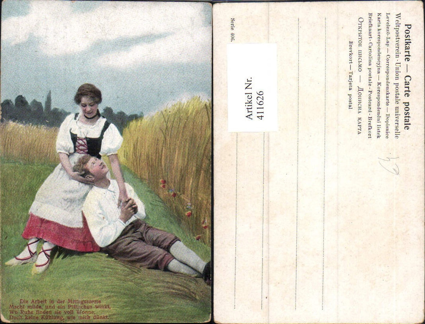 411626,Paar Tracht Verliebter Blick a. Feld Wiese Liebe Spruch Text