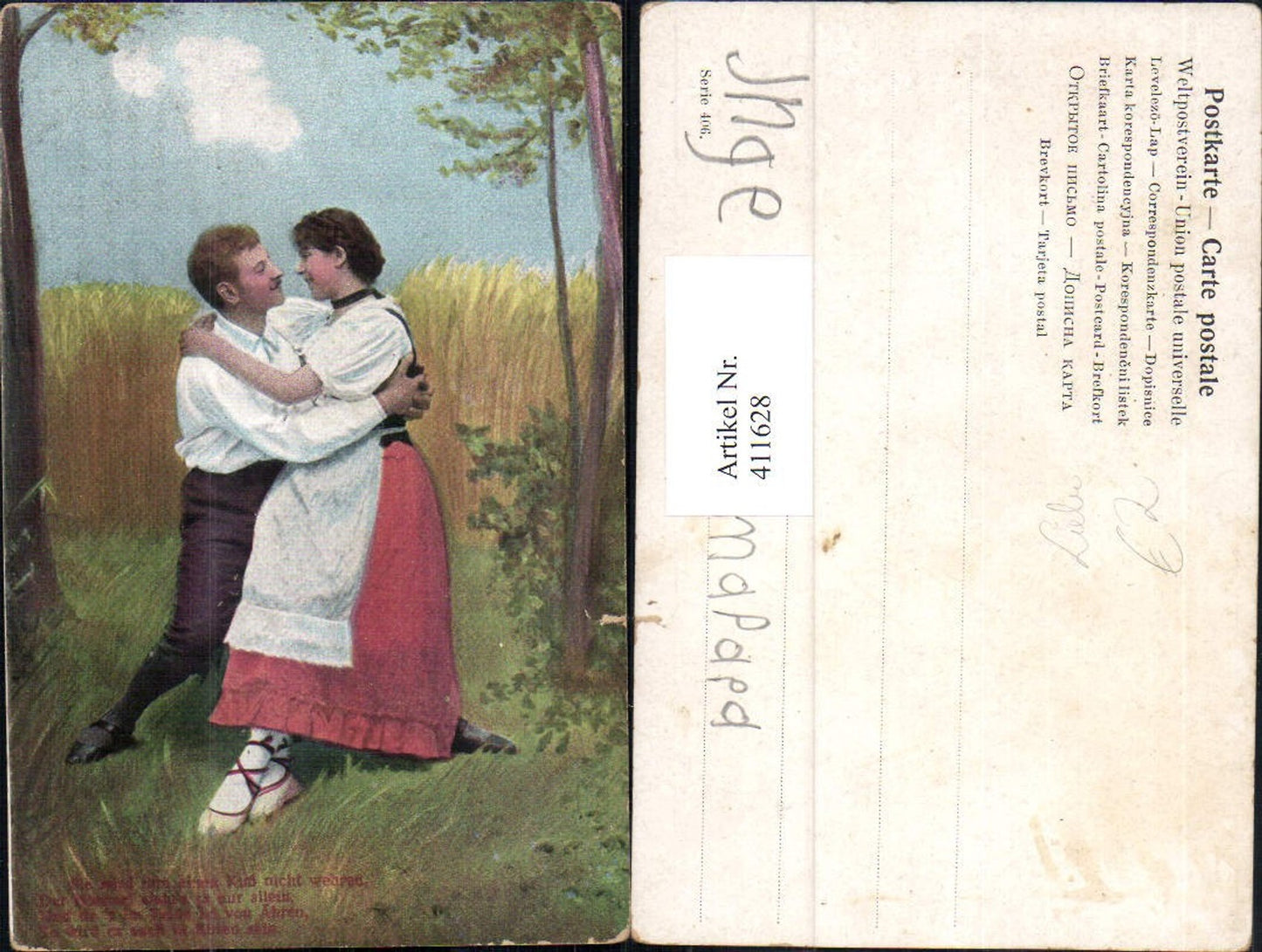 411628,Paar Tracht Umarmung Verliebter Blick v. Feld Getreidefeld Liebe Text Spruch