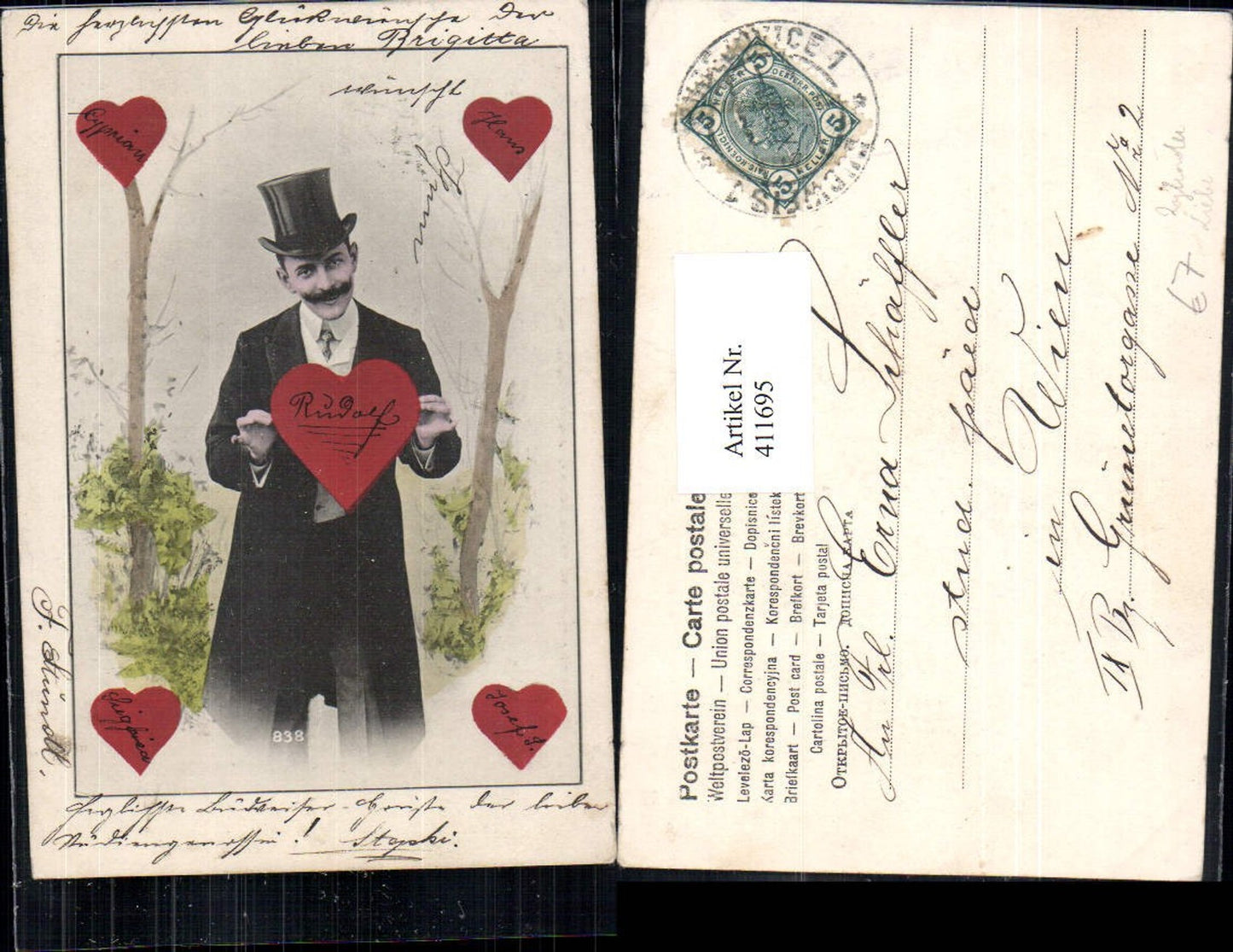 411695,Liebe Mann m. Anzug Zylinder Hut Herz Herzen