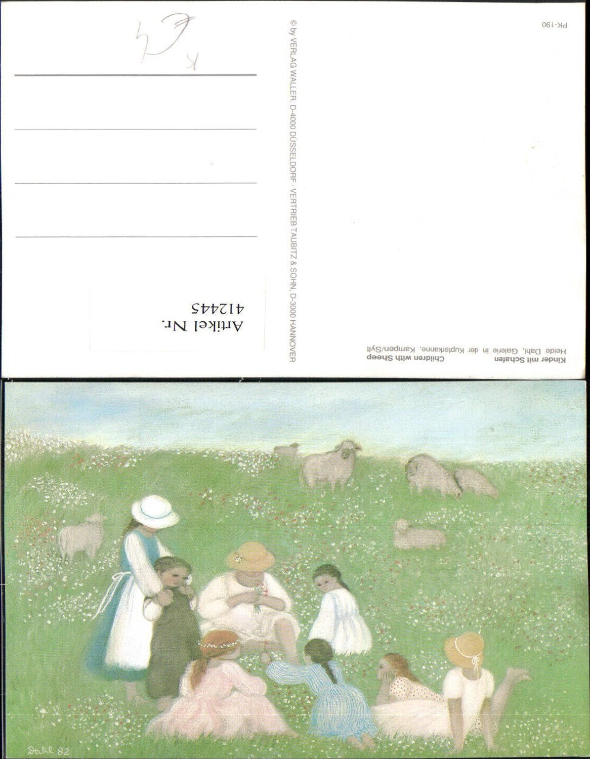 412445,Künstler AK Heide Dahl Kinder mit Schafen Wiese