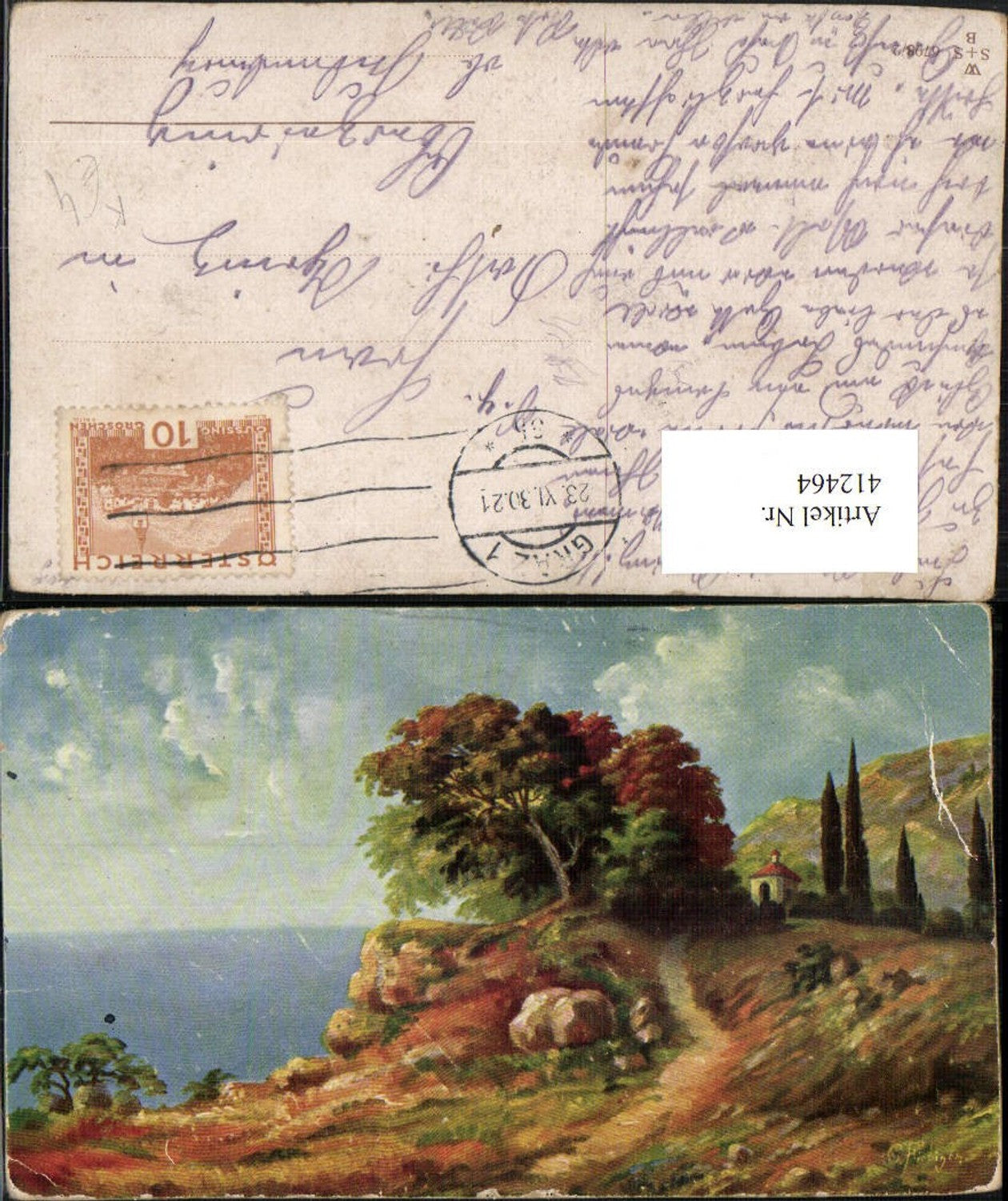 412464,Künstler AK G. Fiebiger Landschaft Wegpartie Kapelle Küste