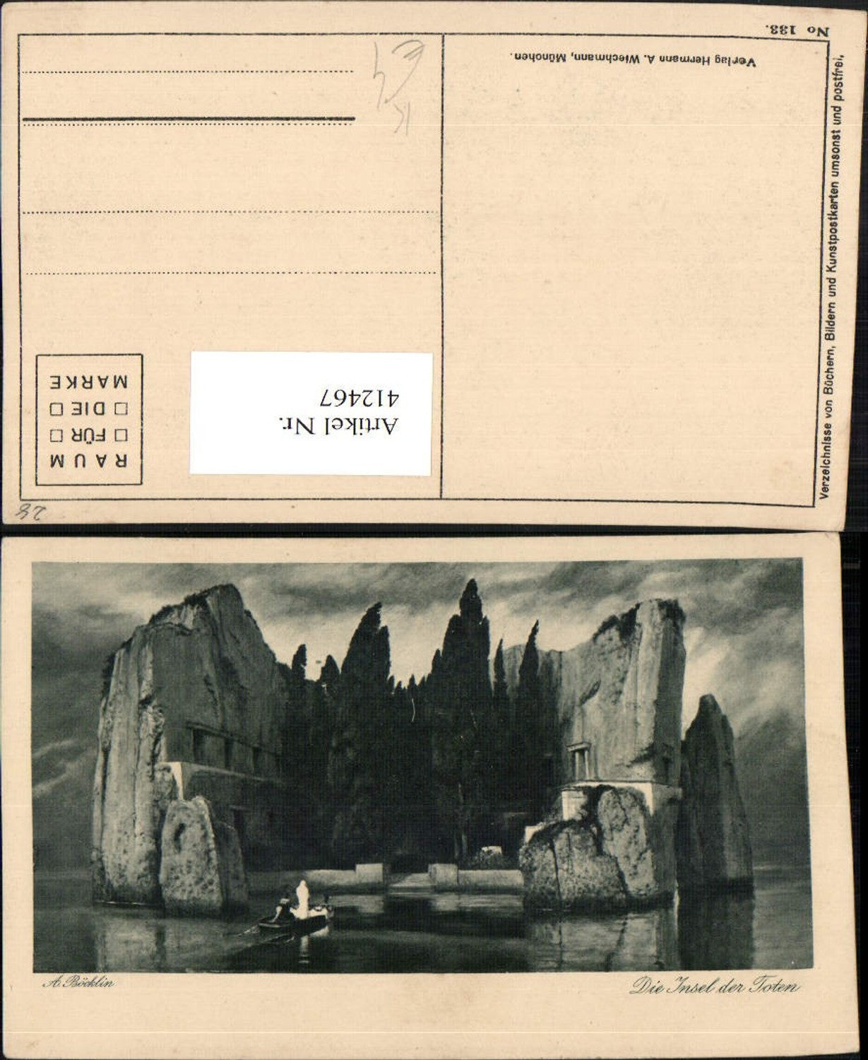 412467,Künstler AK A. Böcklin Die Insel der Toten Felsen Boot