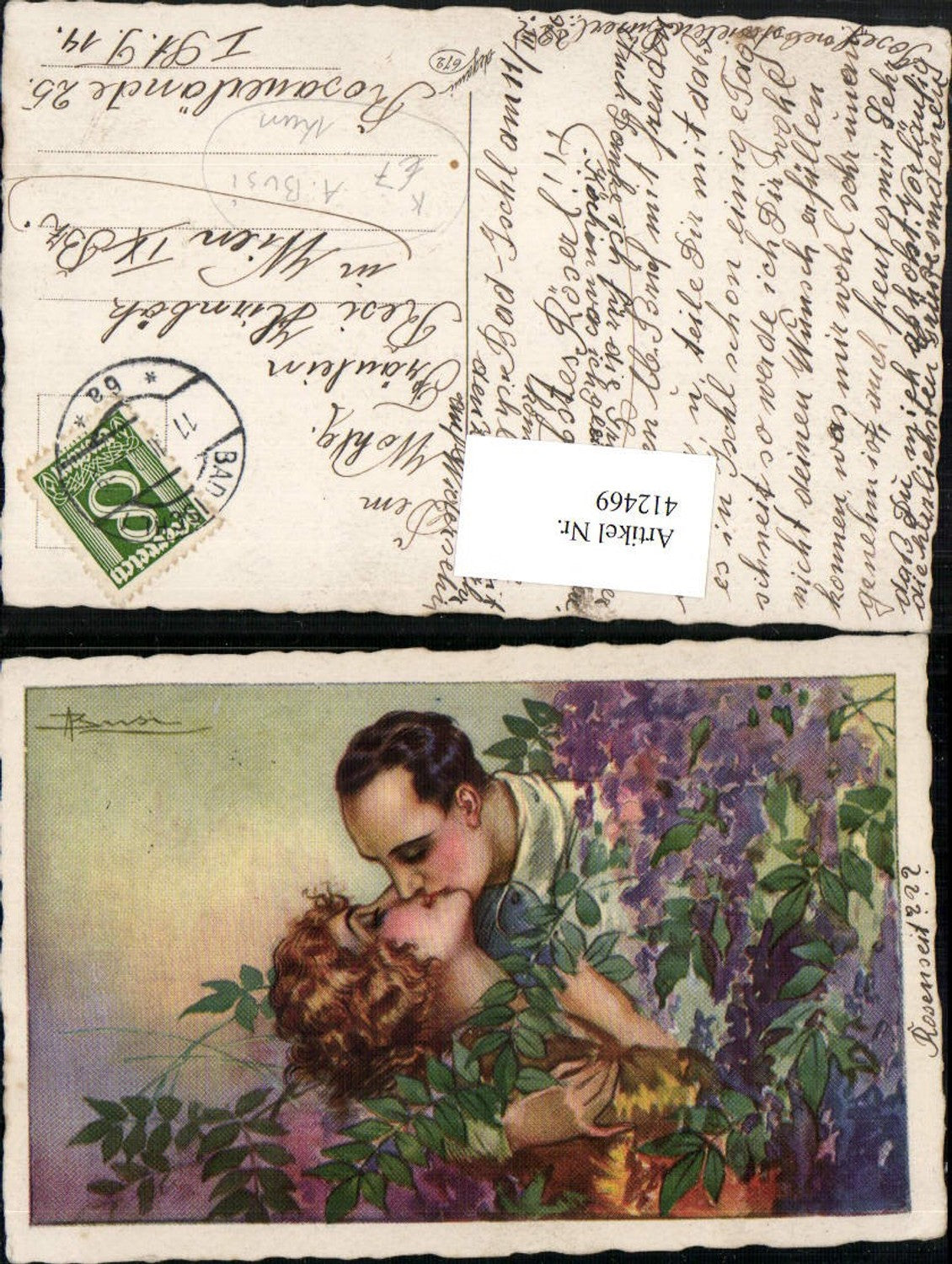 412469,Künstler AK A. Busi Liebe Paar Kuss Blüten