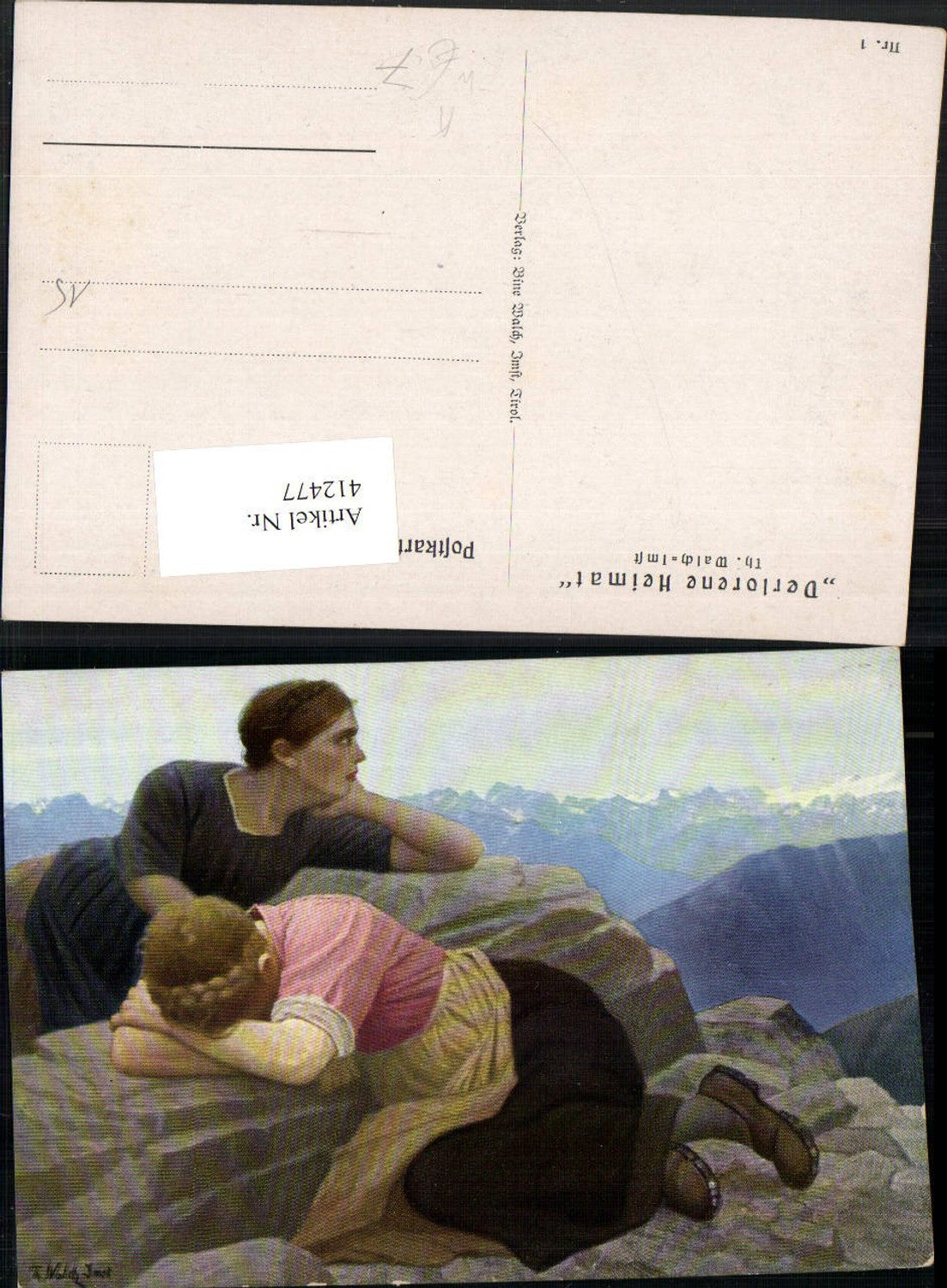 412477,Künstler AK Th. Walch Imst Verlorene Heimat Frauen Trauer Bergkulisse