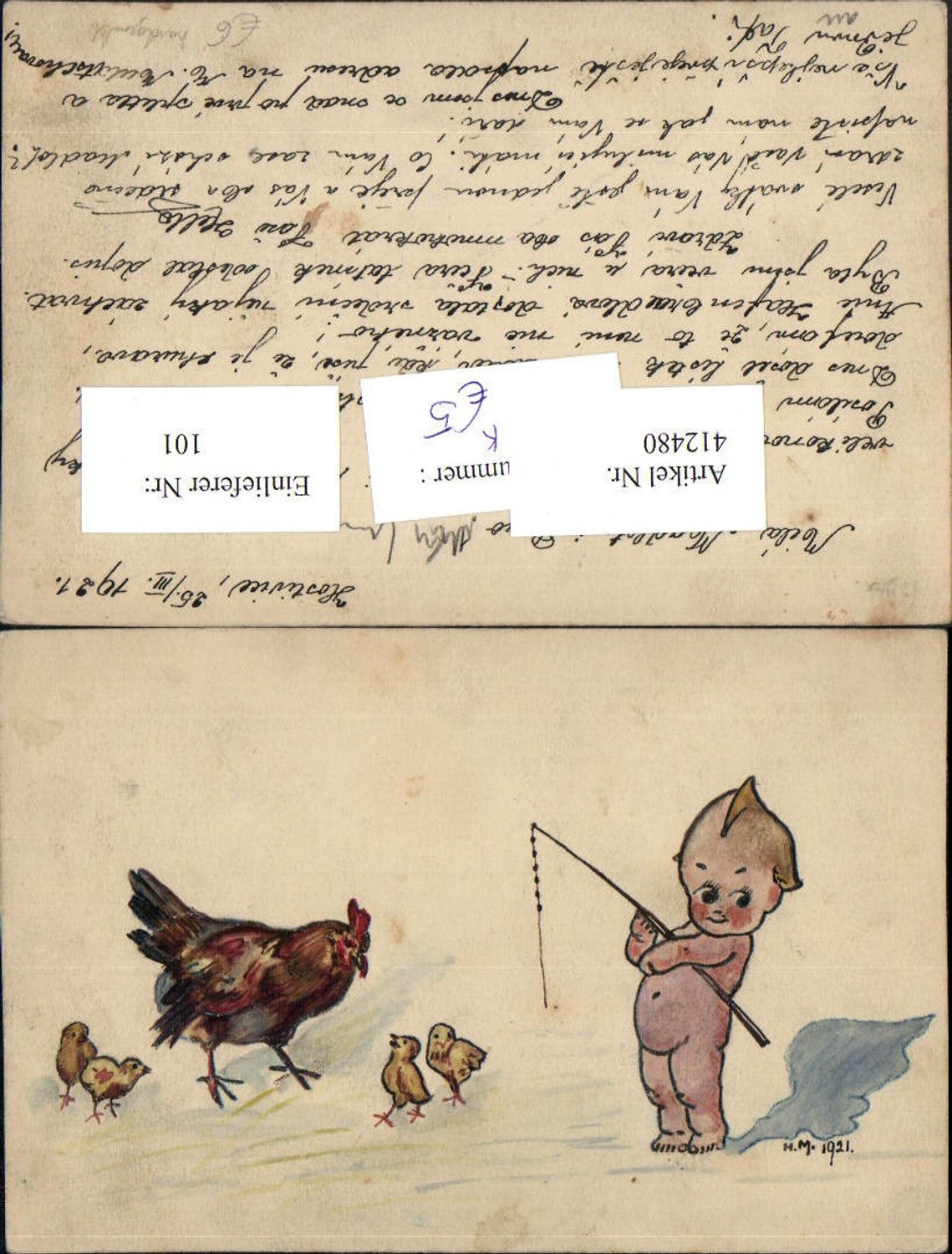 412480,Künstler AK Handgemalt Nacktes Kind Angel Huhn Küken