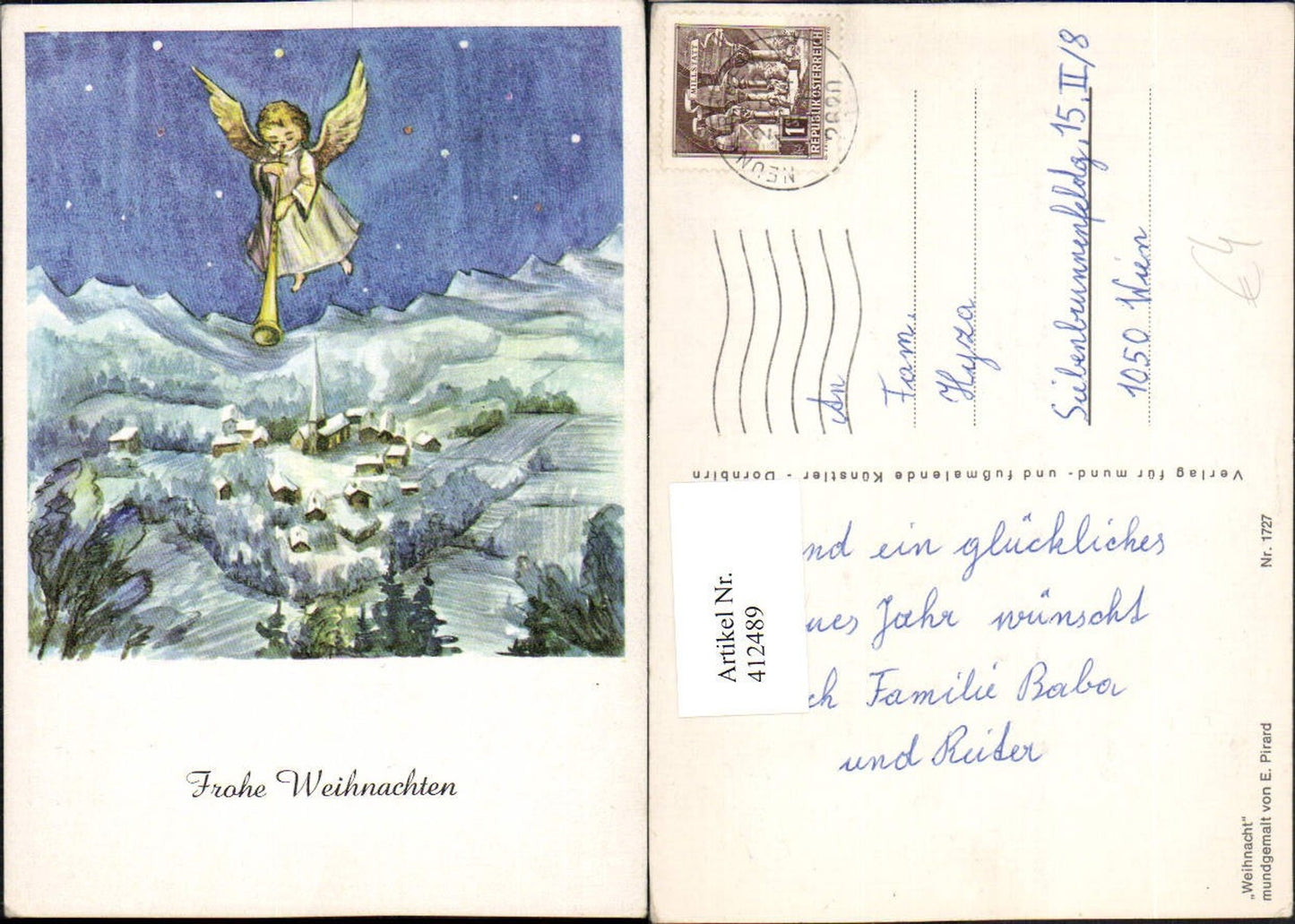 412489,Künstler AK E. Pirard 1727 Weihnacht Dorf Winterbild Engel Tröte