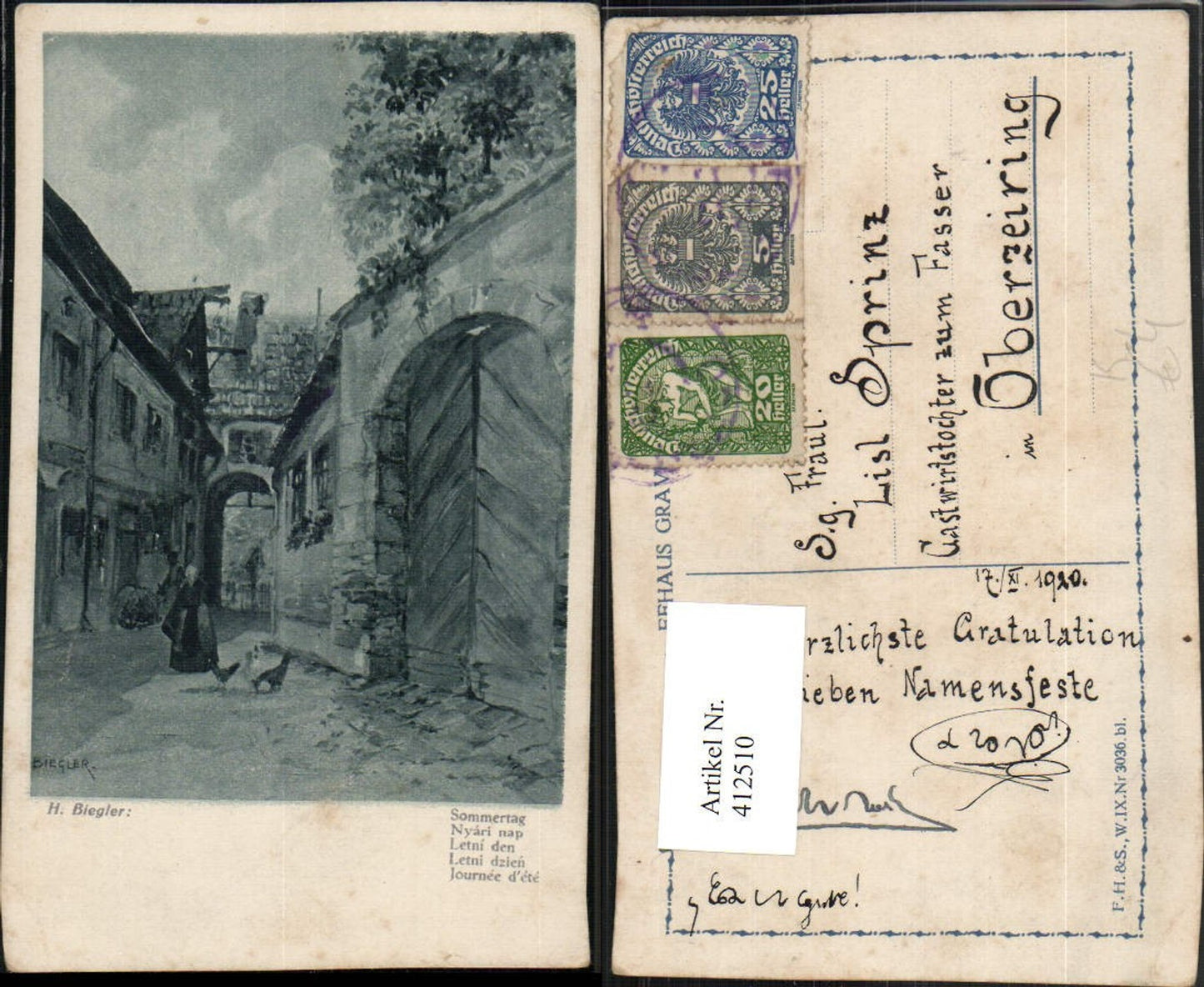 412510,Künstler AK H. Biegler Sommertag Dorf Gasse Straße