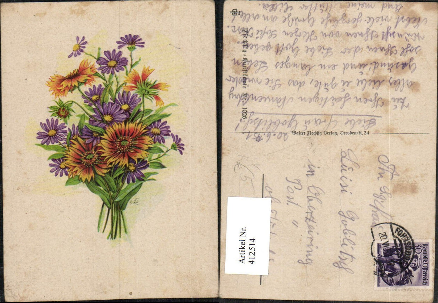 412514,Künstler AK Blumenstrauß Blumen pub Walter Flechsig 1026