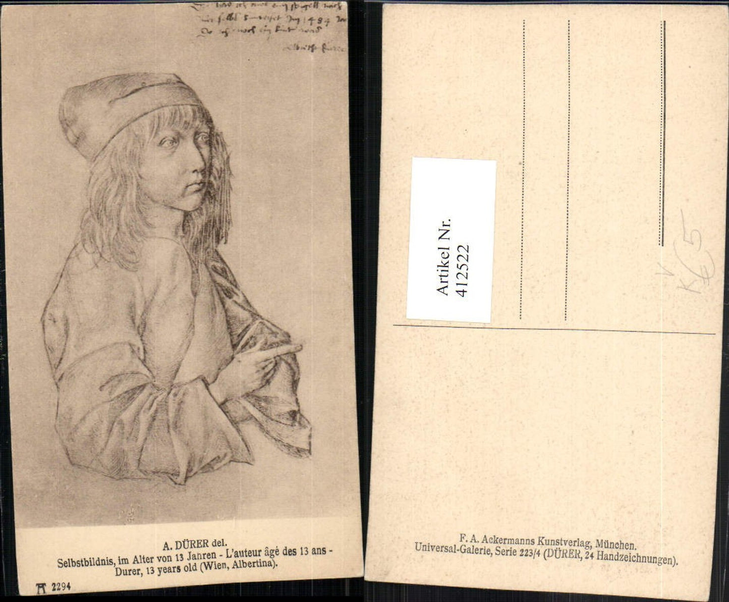 412522,Künstler AK A. Dürer Selbstbildnis im Alter von 13 Jahren pub A. Ackermann 2294