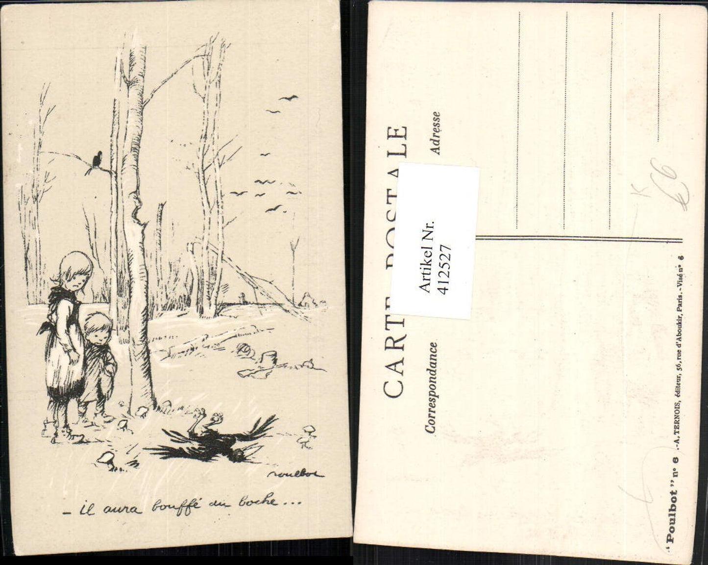 412527,Künstler AK Poulbot Landschaft Kinder Tote Krähe Raabe Vogel