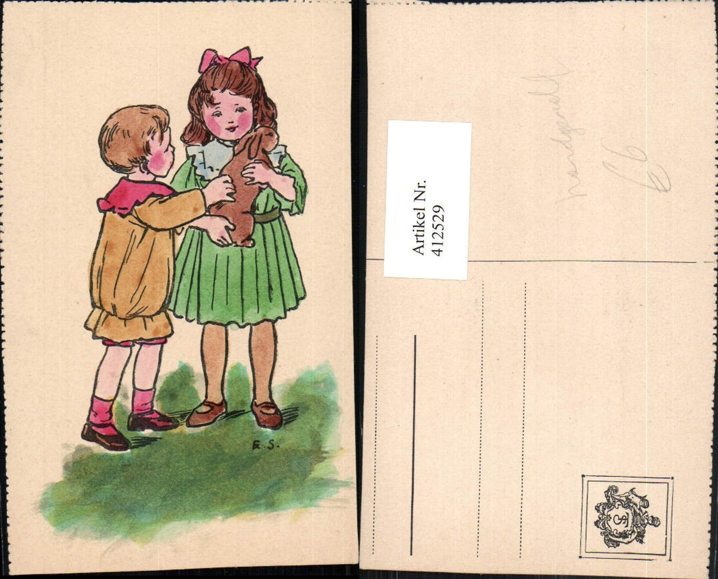 412529,Künstler AK Handgemalt Kinder m. Hase