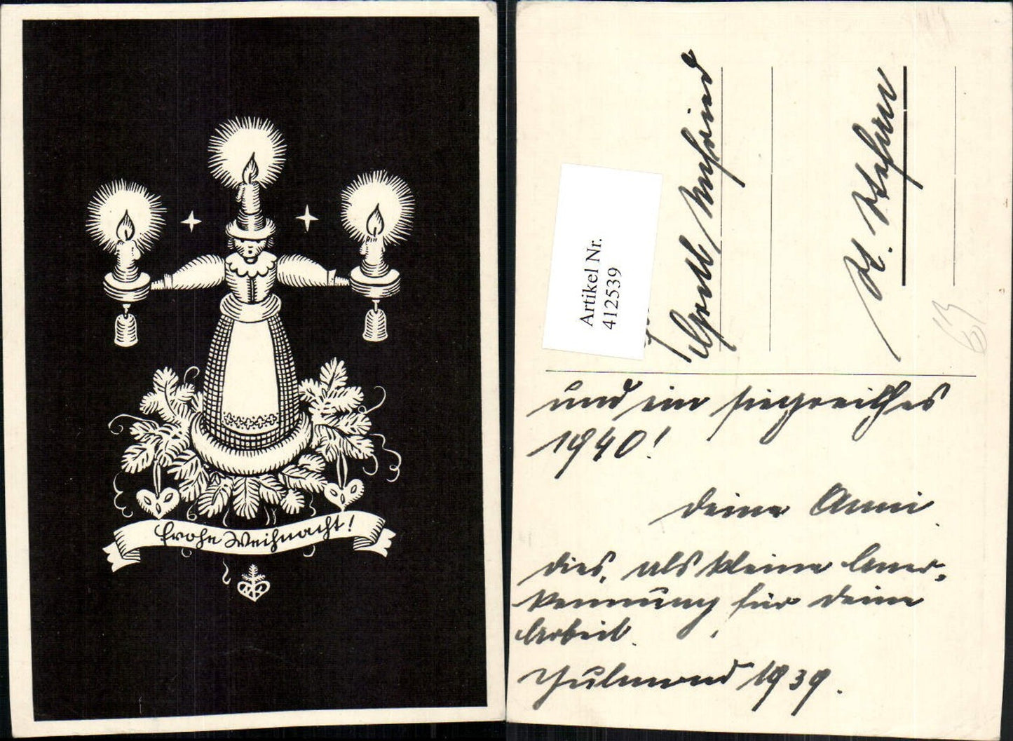 412539,Künstler AK Frohe Weihnacht Figur Kerze Tannenzweige