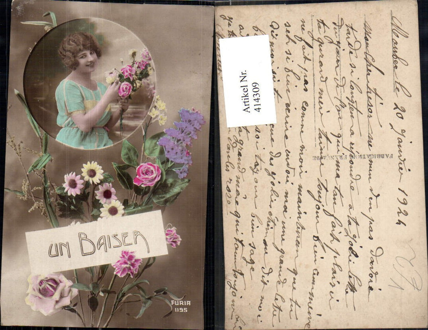 414309,Frau m. Blumen Rosen Strauß Passepartout