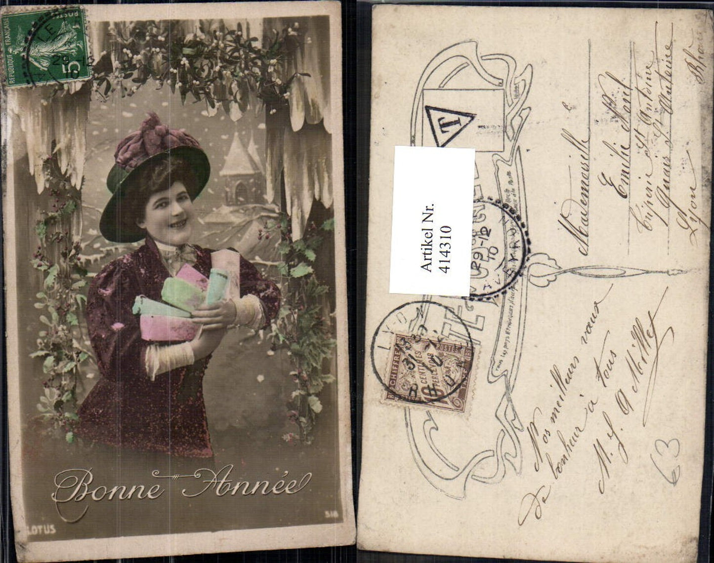 414310,Frau m. Hut Hutmode Pakete Geschenke Bonne Annee