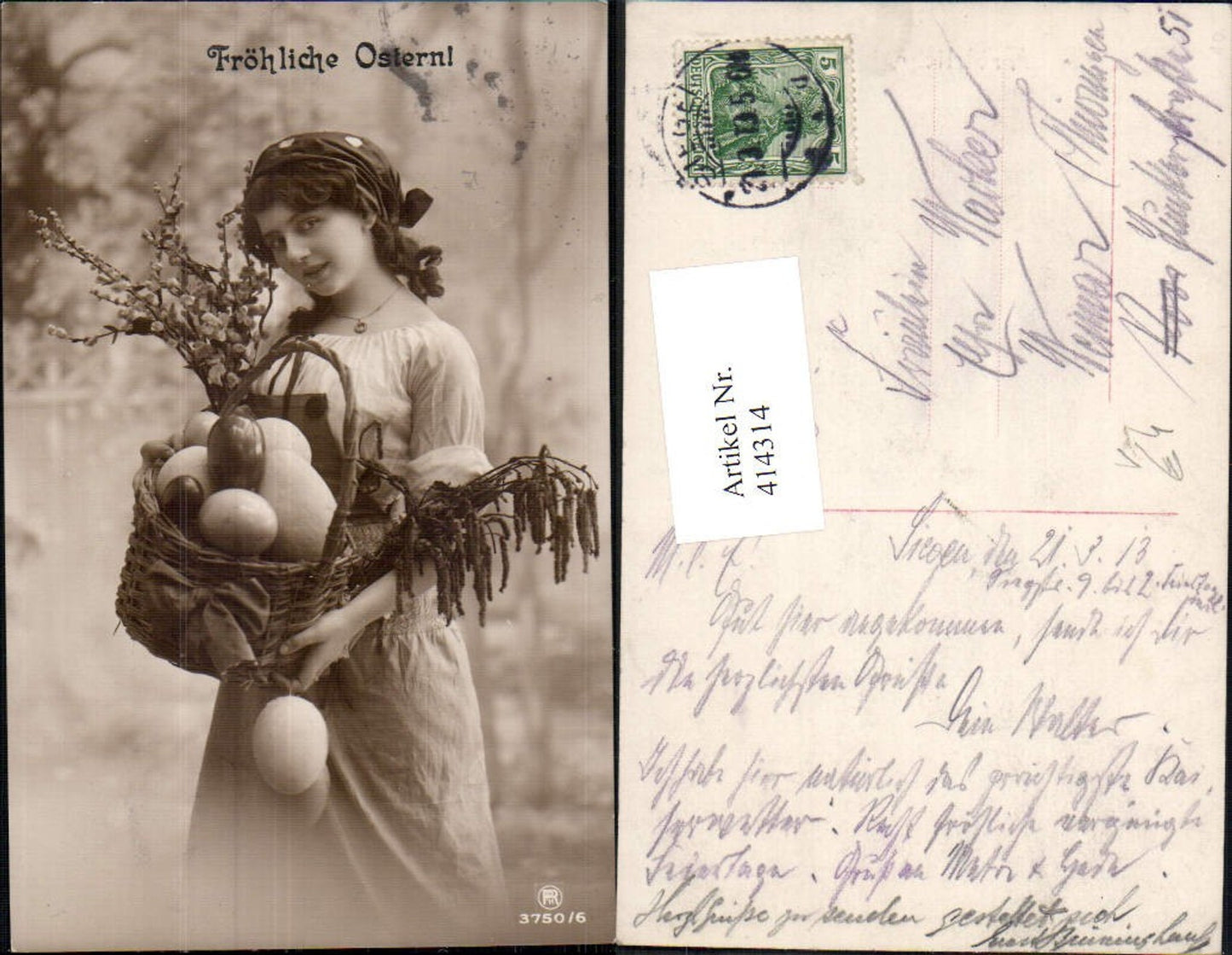 414314,Frau Kopftuch Korb m. Ostereier Eier Palmzweige Ostern pub RPH 3750/6