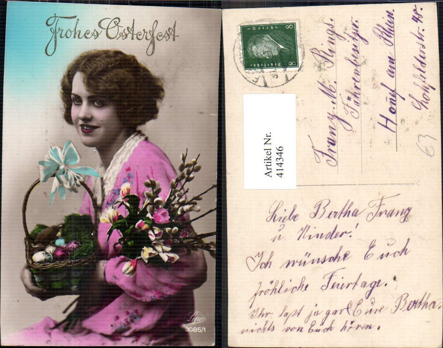414346,Frau Palmzweige Korb m. Ostereier Eier Schleife Ostern