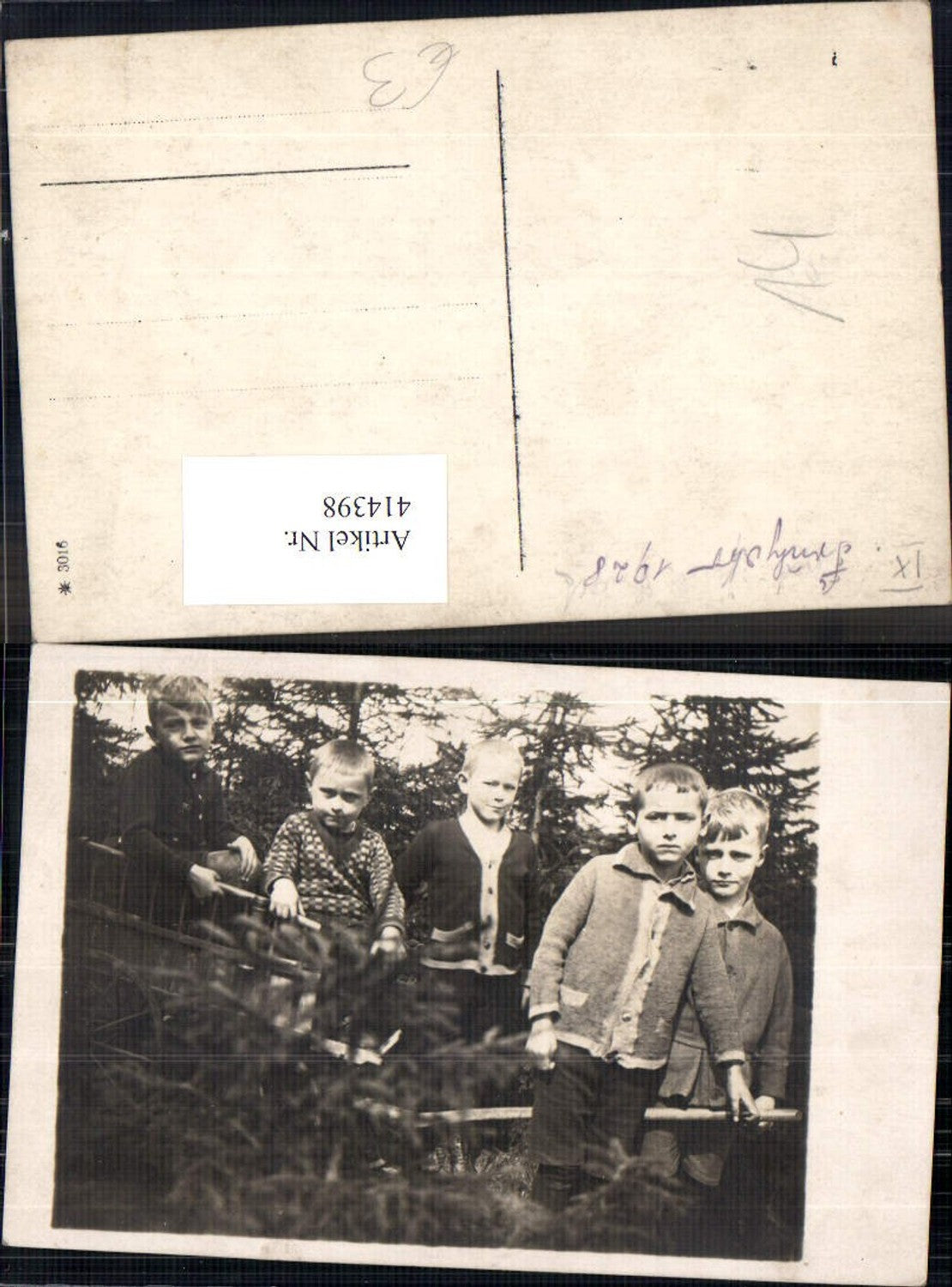 414398,Foto Ak Fünf Jungen Bub m. Leiterwagen Wald Bäume 1928