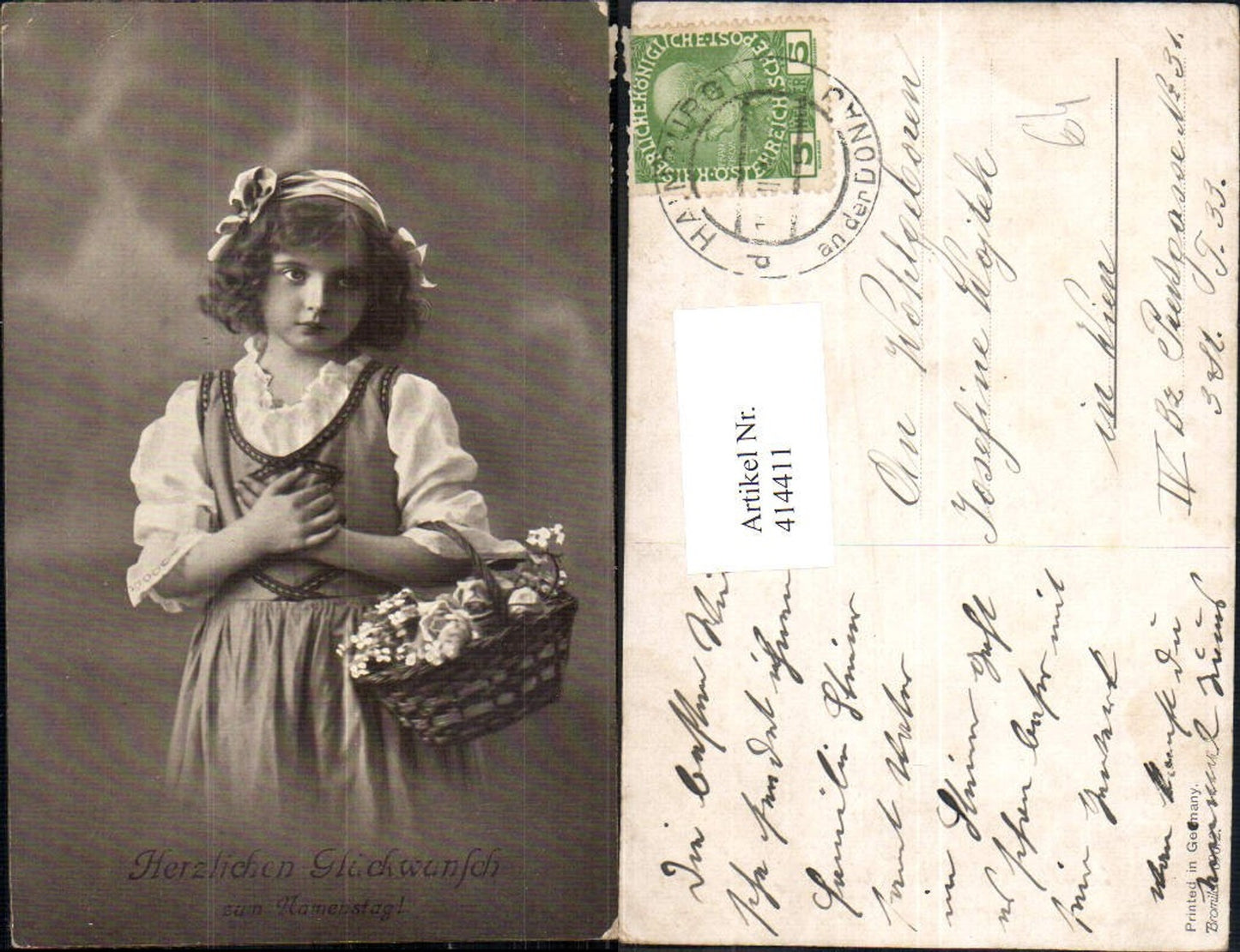 414411,Kind Haarband Tracht m. Korb Blumen Namenstag