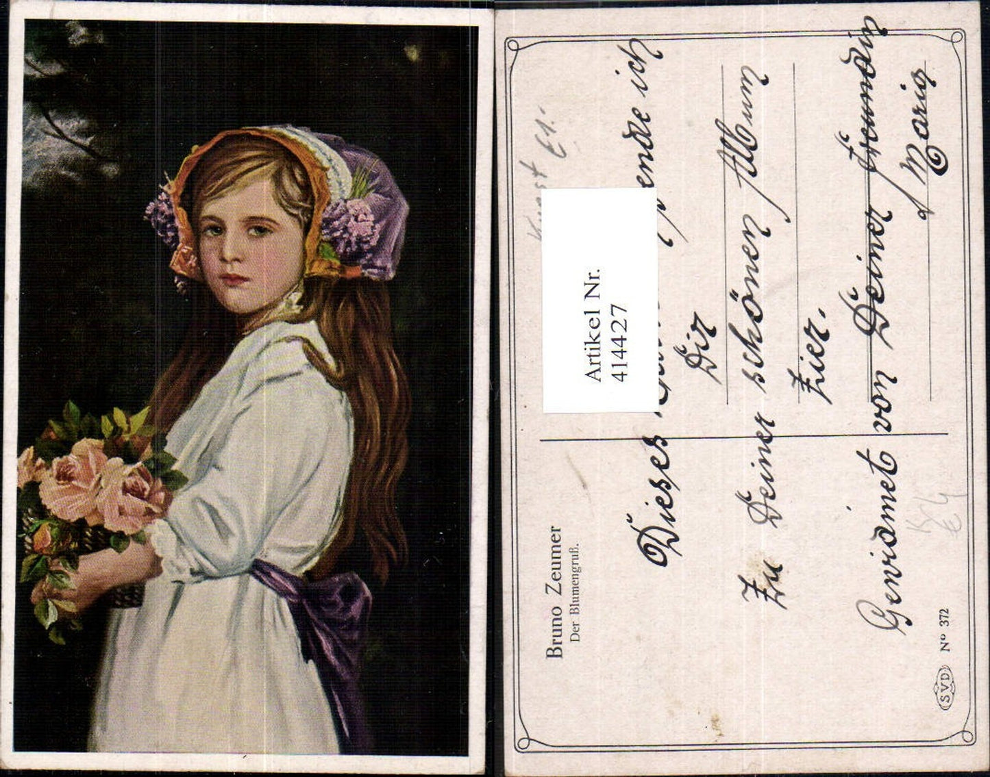 414427,Künstler Ak Bruno Zeumer Der Blumengruß Kind Mädchen Kopfschmuck Rosen Korb