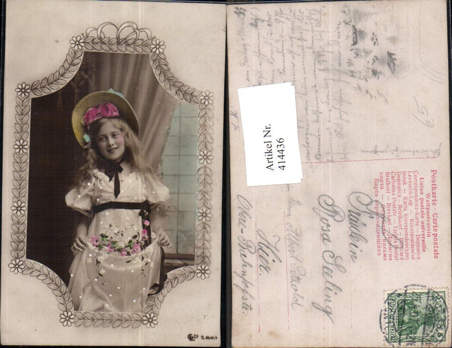 414436,Kind Mädchen Kleid Hut Passepartout Ornament