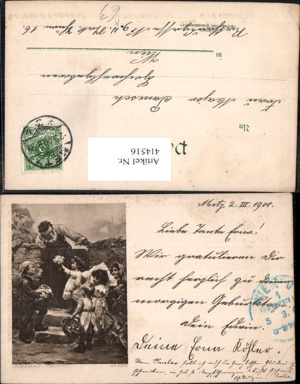 414516,Künstler Ak Rembrandt Kinder a. Gartentor Hund Korb Blumen