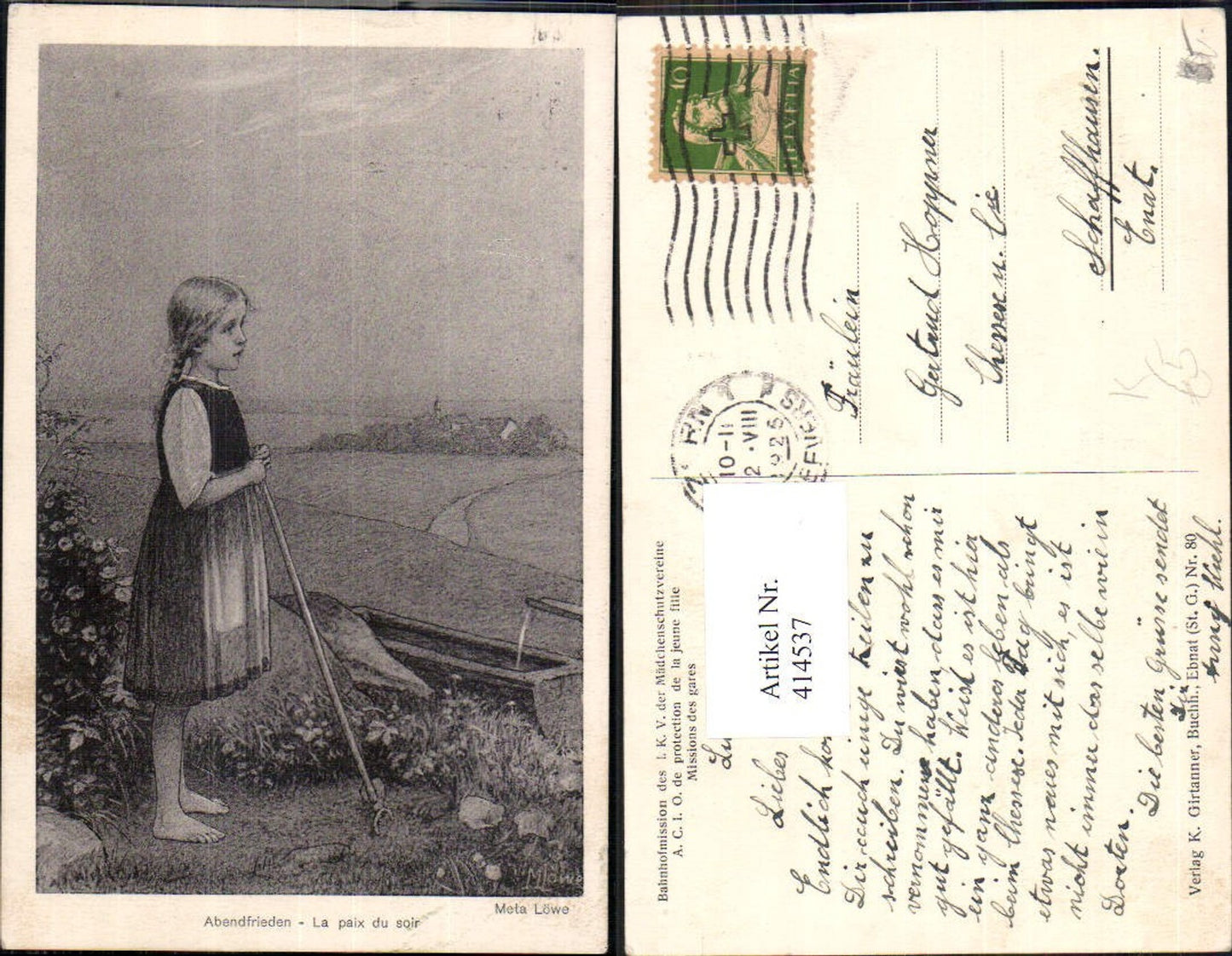 414537,Künstler Ak Meta Löwe Abendfrieden Kind Mädchen m. Hacke Brunnen Landschaft