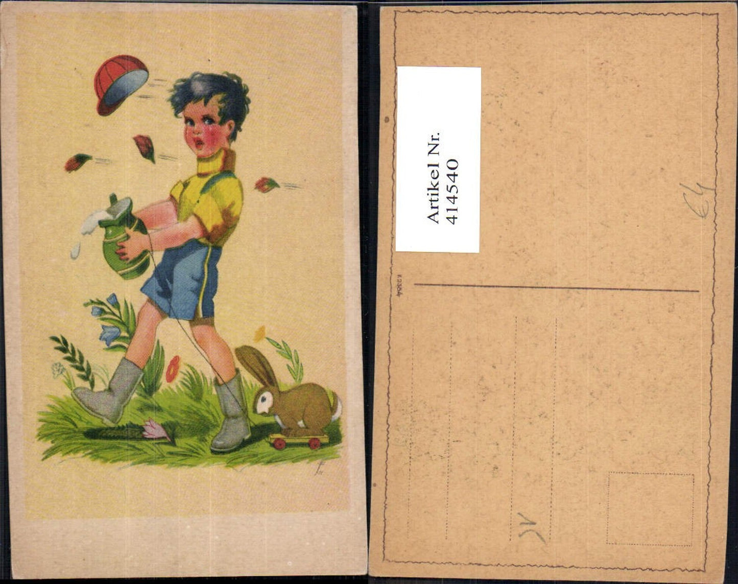 414540,Künstler Ak Kind Bub Junge m. Nachziehhasen Spielzeug Krug Wind Sturm