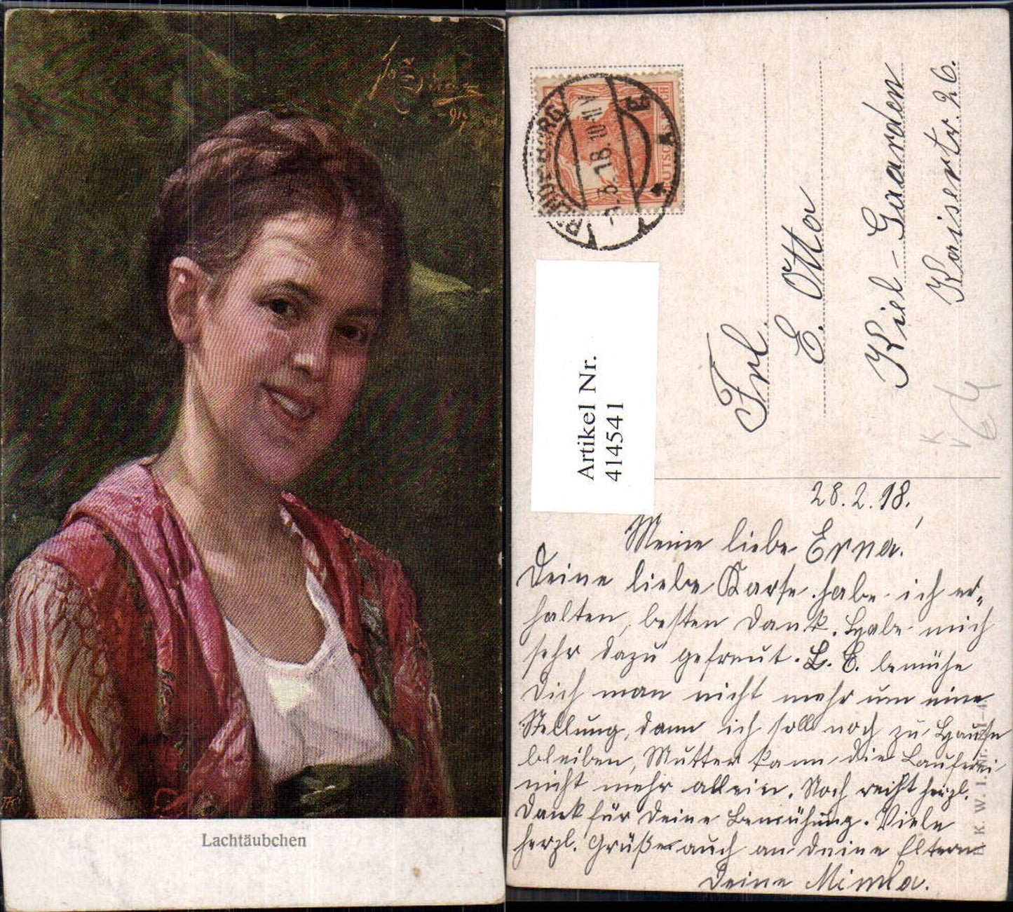 414541,Künstler Ak Lachtäubchen Kind Mädchen Zopf Schultertuch Portrait pub B.K.W.I. 151/4