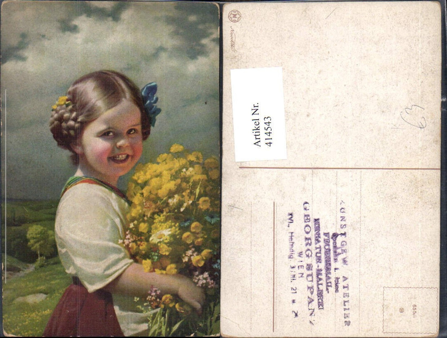 414543,Künstler Ak Kind Mädchen Zopf Haarschleife Blumenstrauß